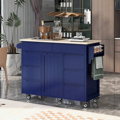 K&K Store Kitchen Cart with Rubber Wood Countertop , 8 Handle-Free Drawers and 5 Wheels for Kitchen Dinning Room, Dark Blue