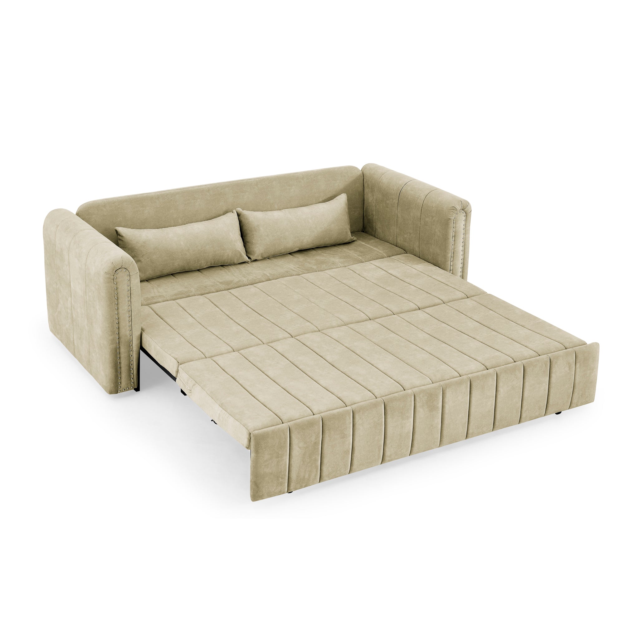 3 in 1 Pull-Out Bed Sleeper, Modern Upholstered 3 Seats Lounge Sofa & Couches with Rolled Arms Decorated with Copper Nails , Convertible Futon 3 Seats Sofabed with Two Drawers and Two Pillows