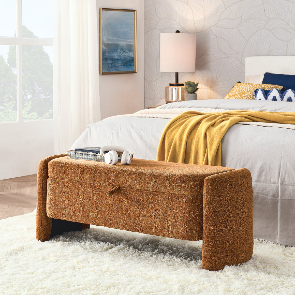 Oval Chenille Storage Ottoman Bench with Large Storage Space for Bedroom, Brown