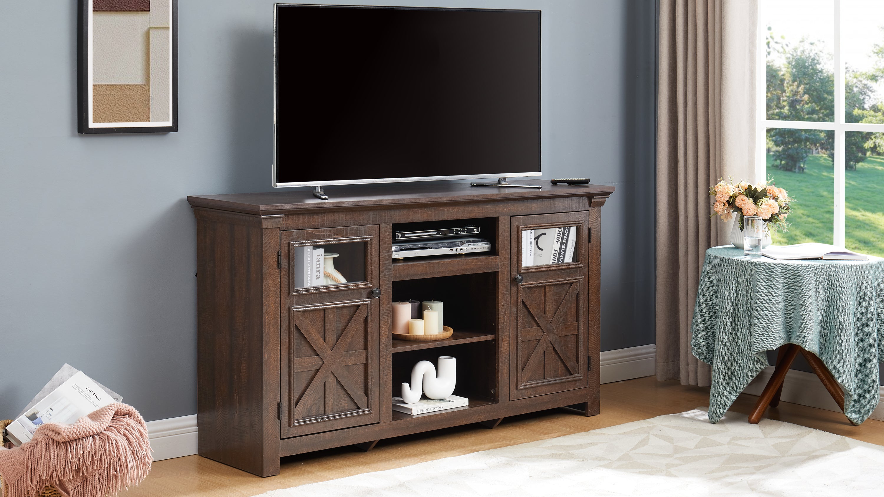 2 Doors Cabinet TV Stand with Large Barn Inspired Home Entertainment Console,Espresso