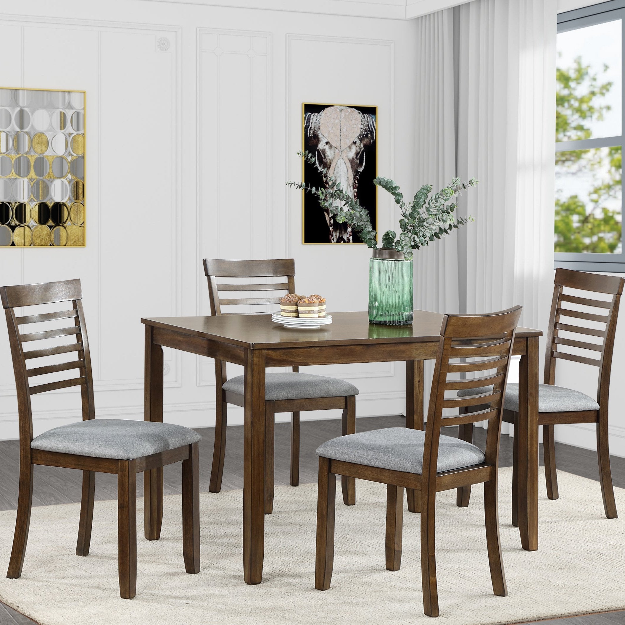 5 Piece Modern Dining Set, Rectangular Wooden Dining Table with 4 Upholstered Chairs for Kitchen, Dining Room, Walnut