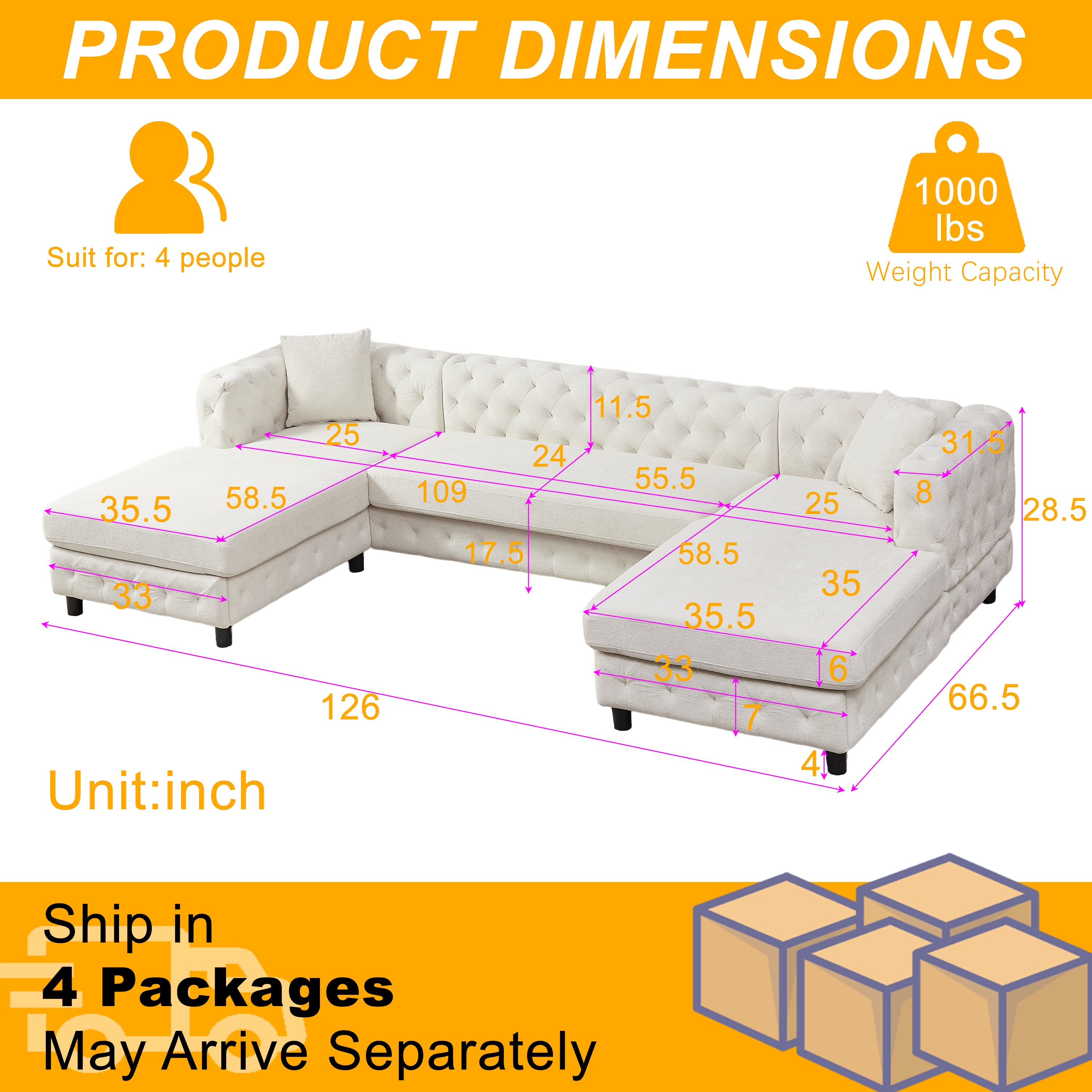 126-inch Modern Style Chenille Three Piece Sofa, Pull Point Design U-shaped Sofa two Chaise Longue Seats, two Pillows and Plastic Feet, Suitable for Living room, Bedroom, Lounge and Projection Room