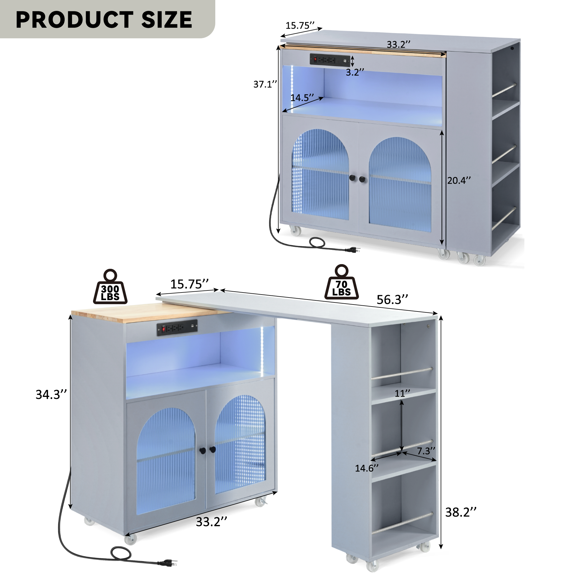 K&K Rolling Kitchen Island With Extended Table, Kitchen Island and 2 Fluted Glass Doors, Grey