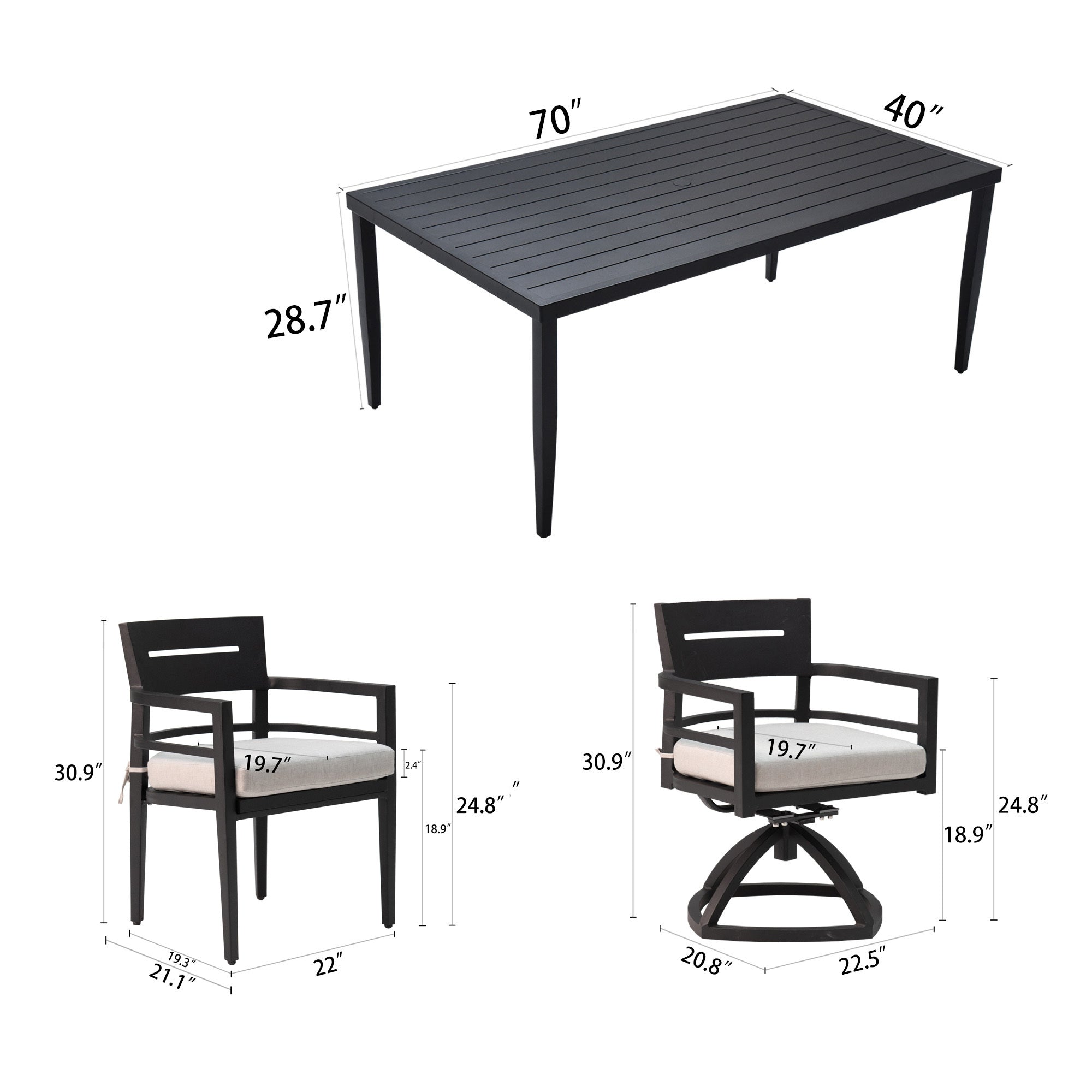 7-Piece Outdoor Patio Aluminum Furniture, Modern Dining Set, including 6 Swivel Rockers Sunbrella Fabric Cushioned and Rectangle Dining Table with Umbrella Hole, Ember Black