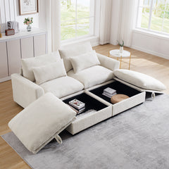 Corduroy Two-Seater Sofa with 2 Storage Footrest, 2 Seater Sectional  deep seat sofa,Comfy Couches for Living Room ,Beige Sofa