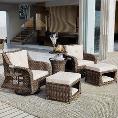 K&K 5 Pieces Outdoor Patio Furniture Set with Pet House Cool Bar and Retractable Side Tray, Rattan Wicker Patio Swivel Rocking Chairs Set of 2 with Ottomans for Backyard, Porch, Balcony, Beige