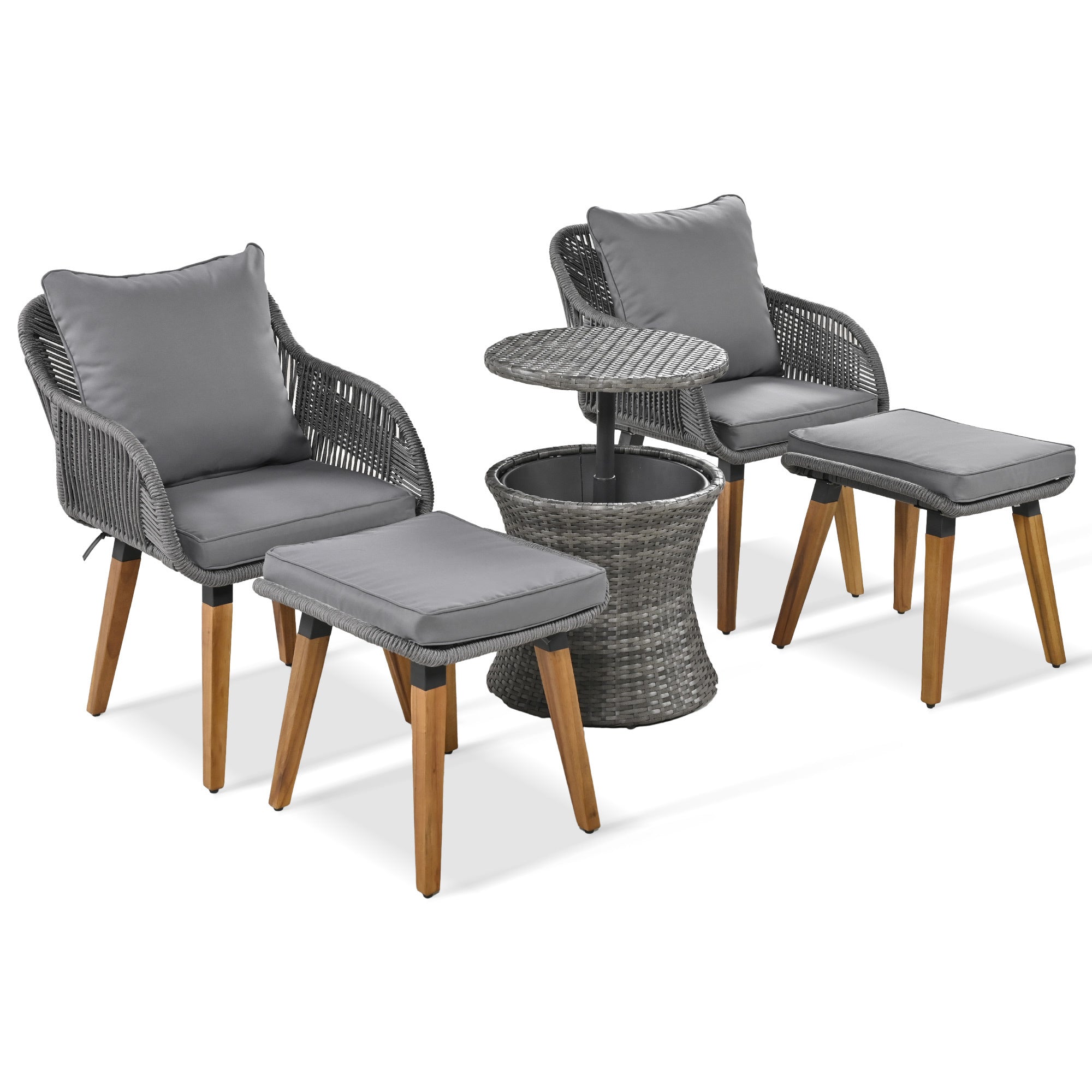 K&K 5 Pieces Garden Patio Furniture Set with Wicker Cool Bar Table, Ottomans for Outdoor Porch, Backyard, Balcony, Poolside - Grey