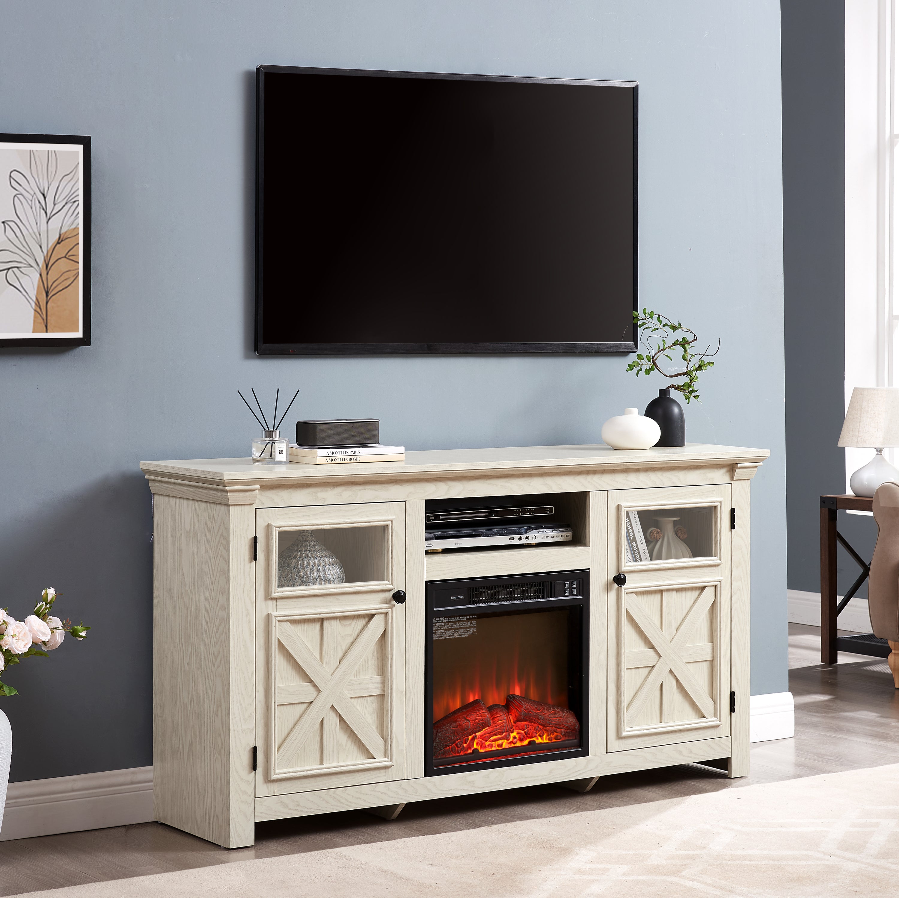 Farmhouse TV Stand with 2 Doors, Barn Design, Large Media Console with 18" Electric Fireplace Insert, WHITE