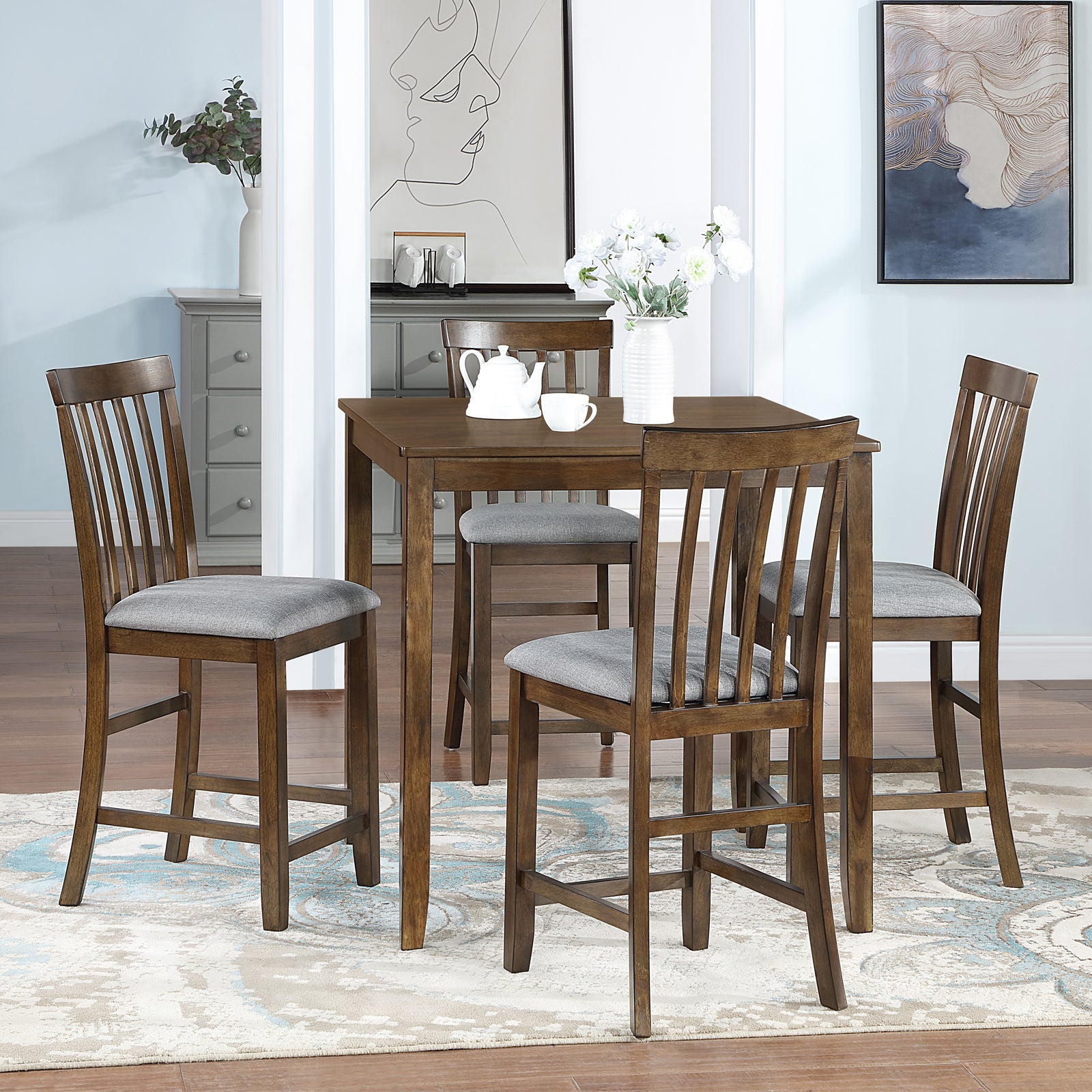 5 Piece Dining Table Set, Wooden Dining Square Table Set for 4, Counter Height Kitchen Table Set with Square Table and 4 Upholstered Chairs for Small Space, Walnut