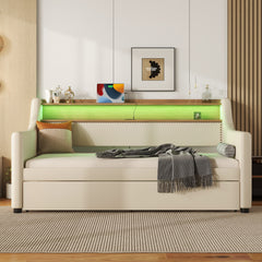 Twin Size Daybed with Trundle, Upholstered Sofa Bed with Charging Station and LED Lights, Beige