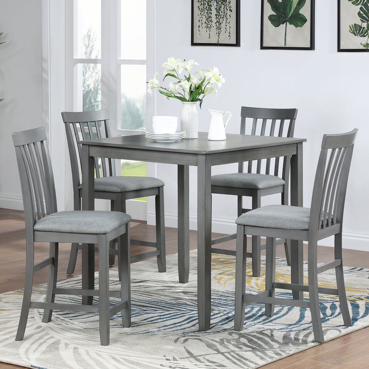 5 Piece Dining Table Set, Wooden Dining Square Table Set for 4, Counter Height Kitchen Table Set with Square Table and 4 Upholstered Chairs for Small Space, Gray