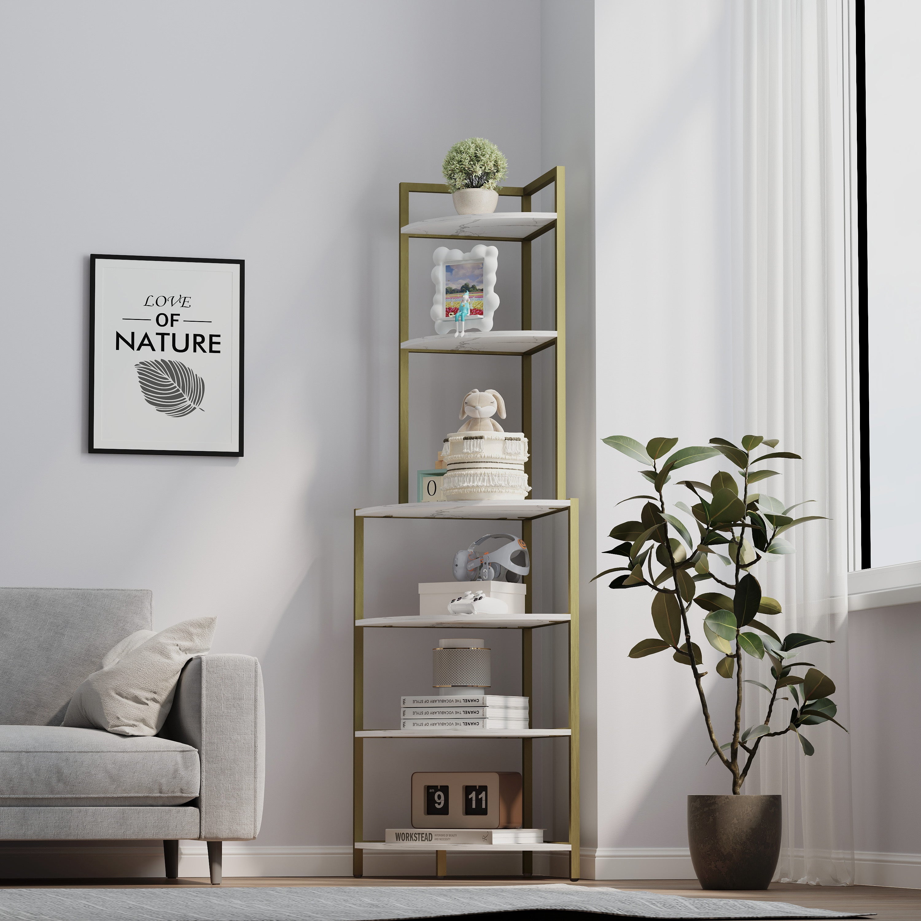 6-Tier Corner Bookshelf, Space-Saving Wood Rack for Home & Office