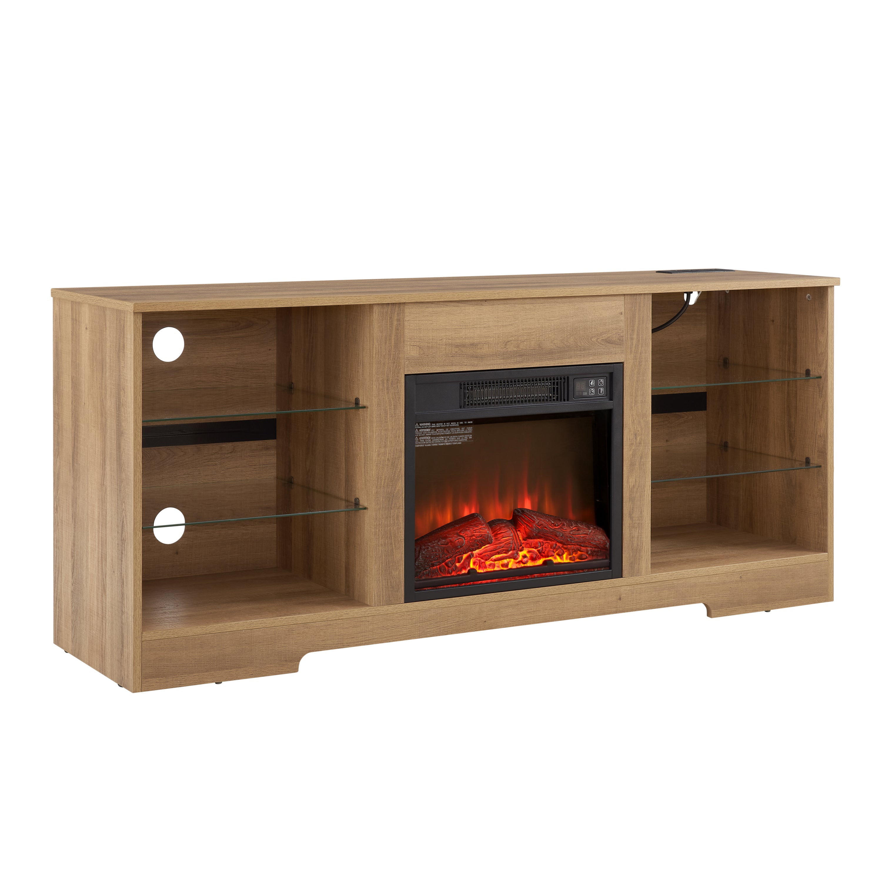 Electric Fireplace TV Stand with Glass Shelves, LED Lights, USB Charging Outlet, Fits TVs up to 62", Natural