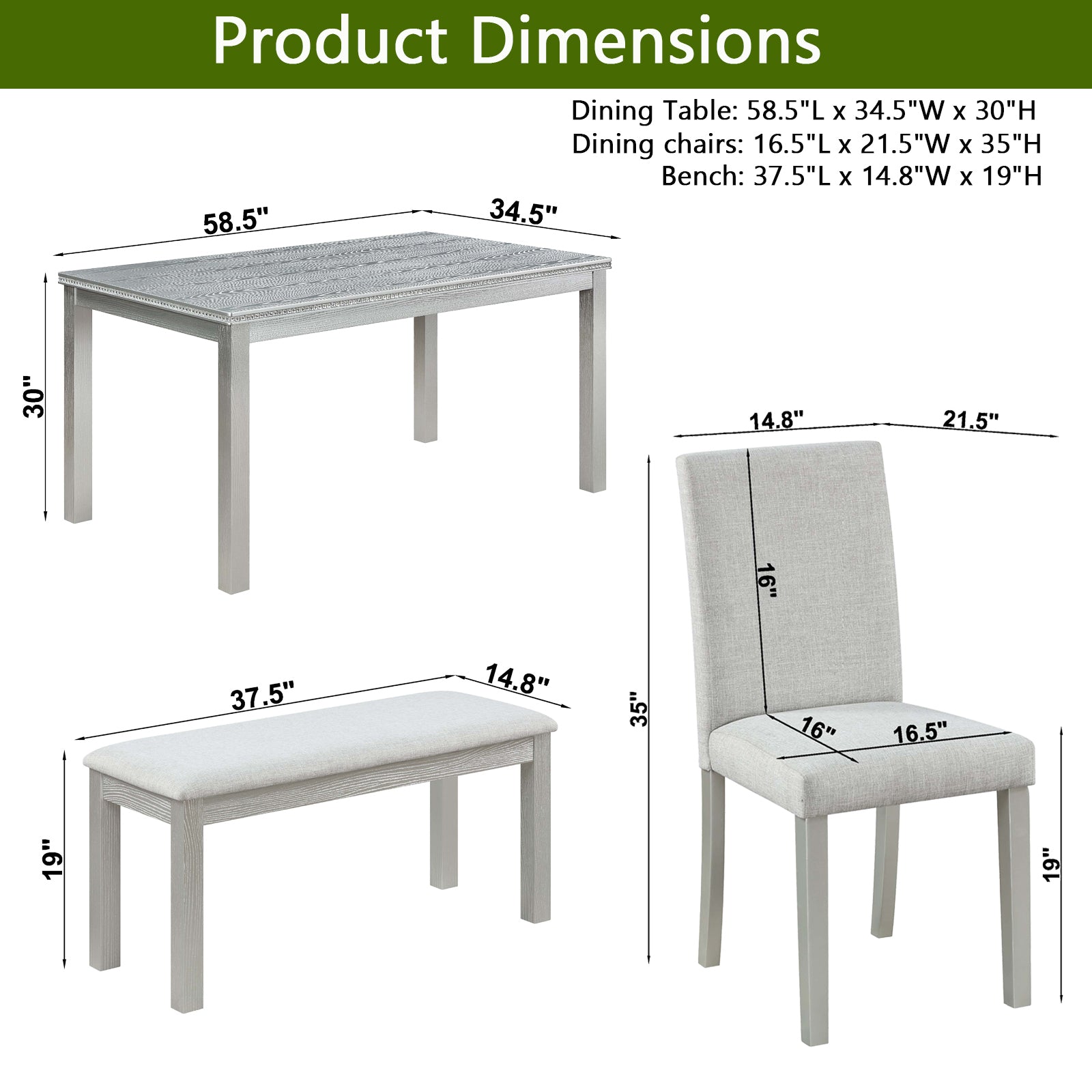 Wooden Dining Rectangular Table with Bench, Kitchen Table with Bench for Small Space, 6 Person Dining Table, Silver grey