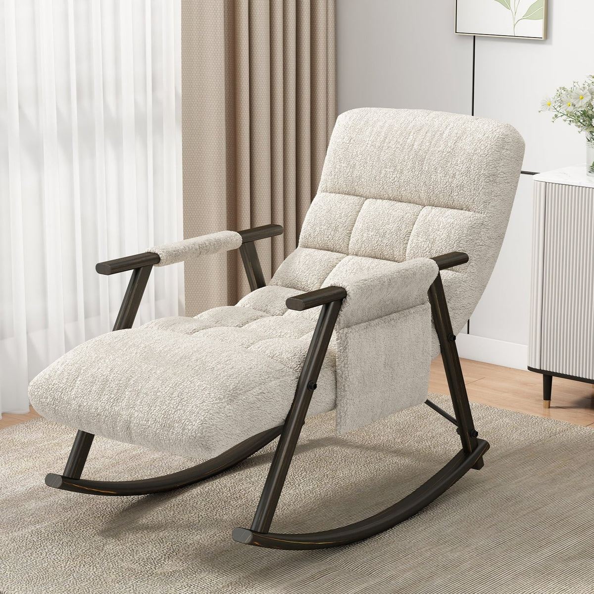 Casual folding rocking chair upholstered, lounge rocking chair adjustable high back and foot rest,side pockets placed in living room bedroom balcony