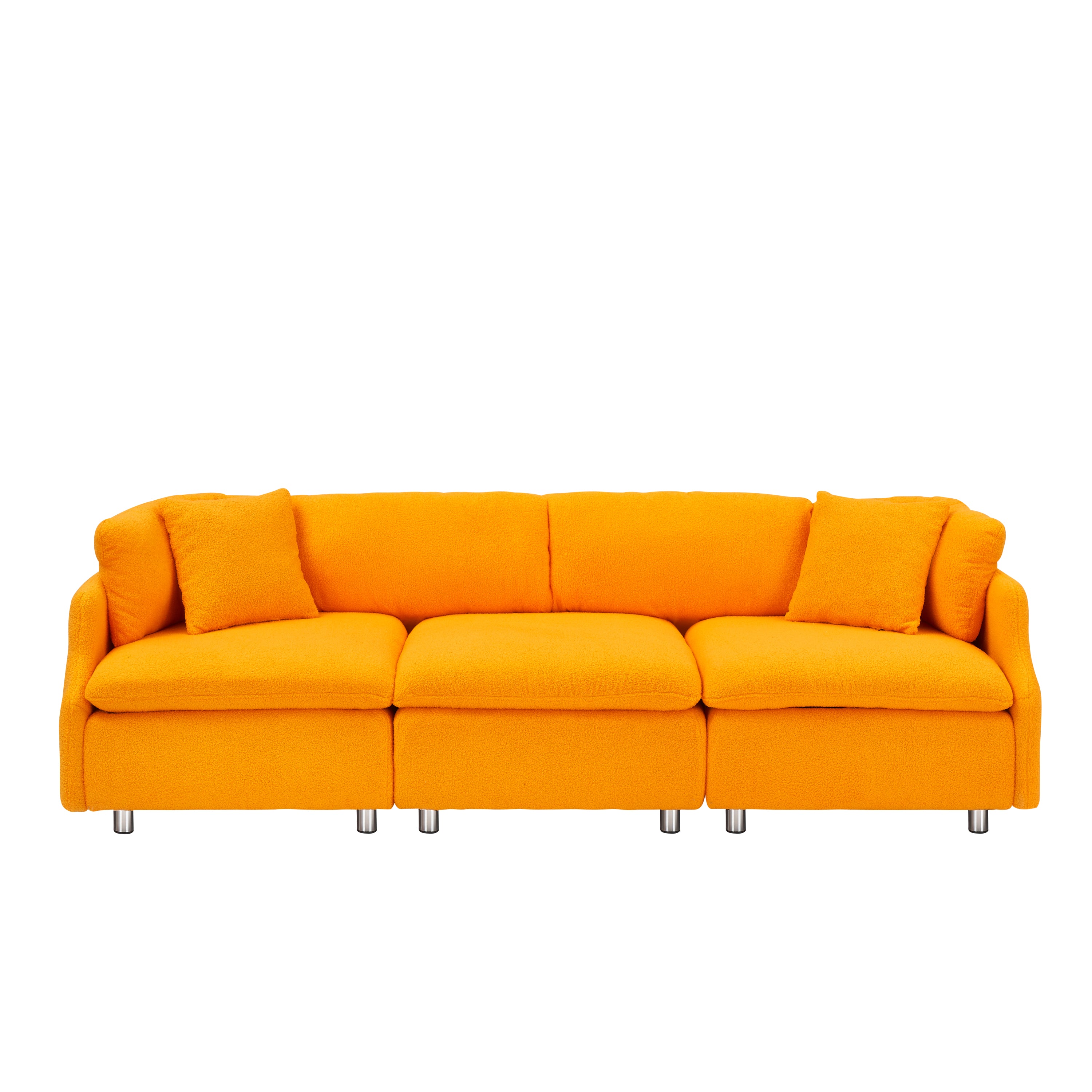 95.3" Orange Teddy Fleece Sofa With Two Throw Pillows - Spacious 3 Seat Sofa for Living Room