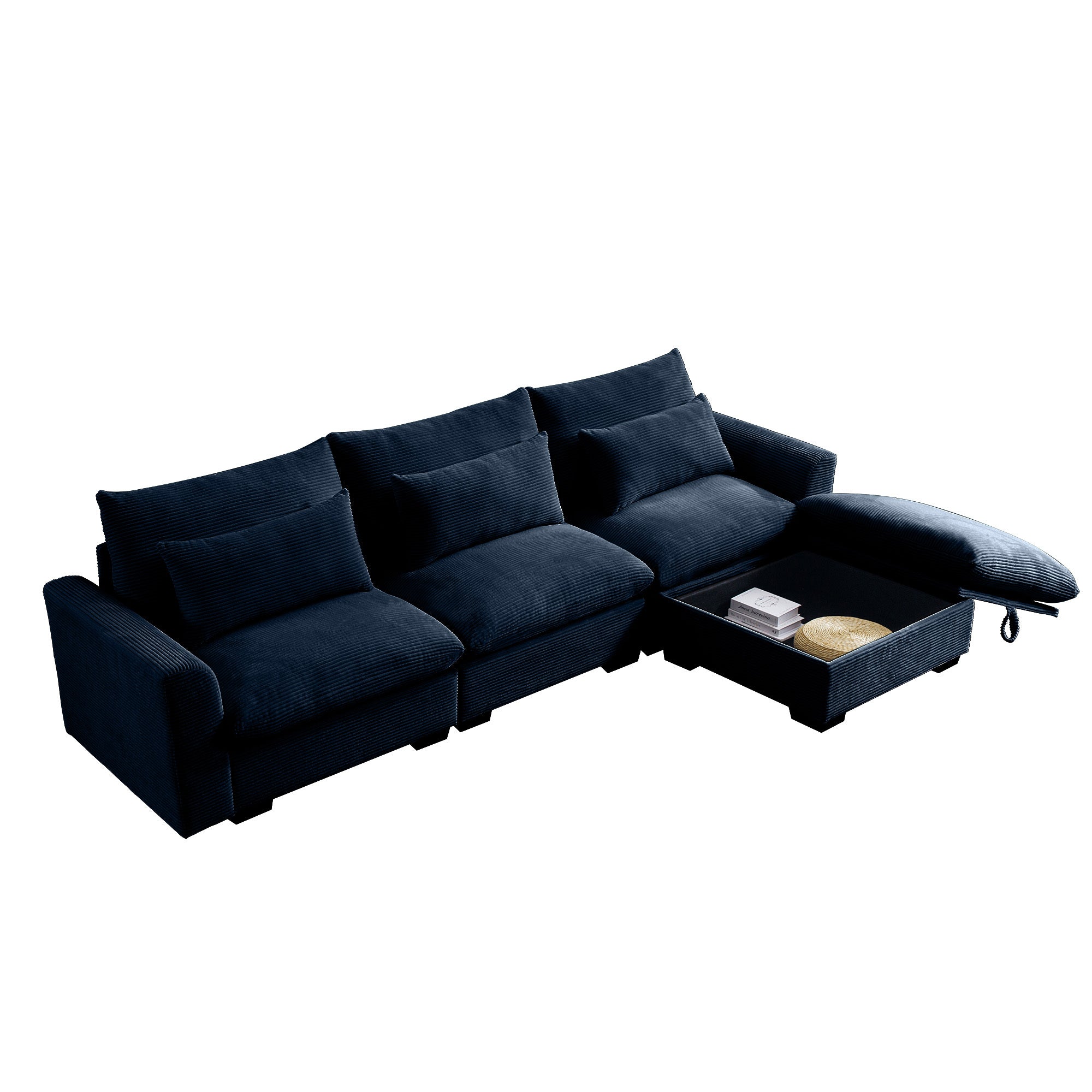 Corduroy Sectional Sofa,  L Shaped Couch with Storage Footstool and 3 Pillow, Sectional Couch for Living Room Apartment, Bule