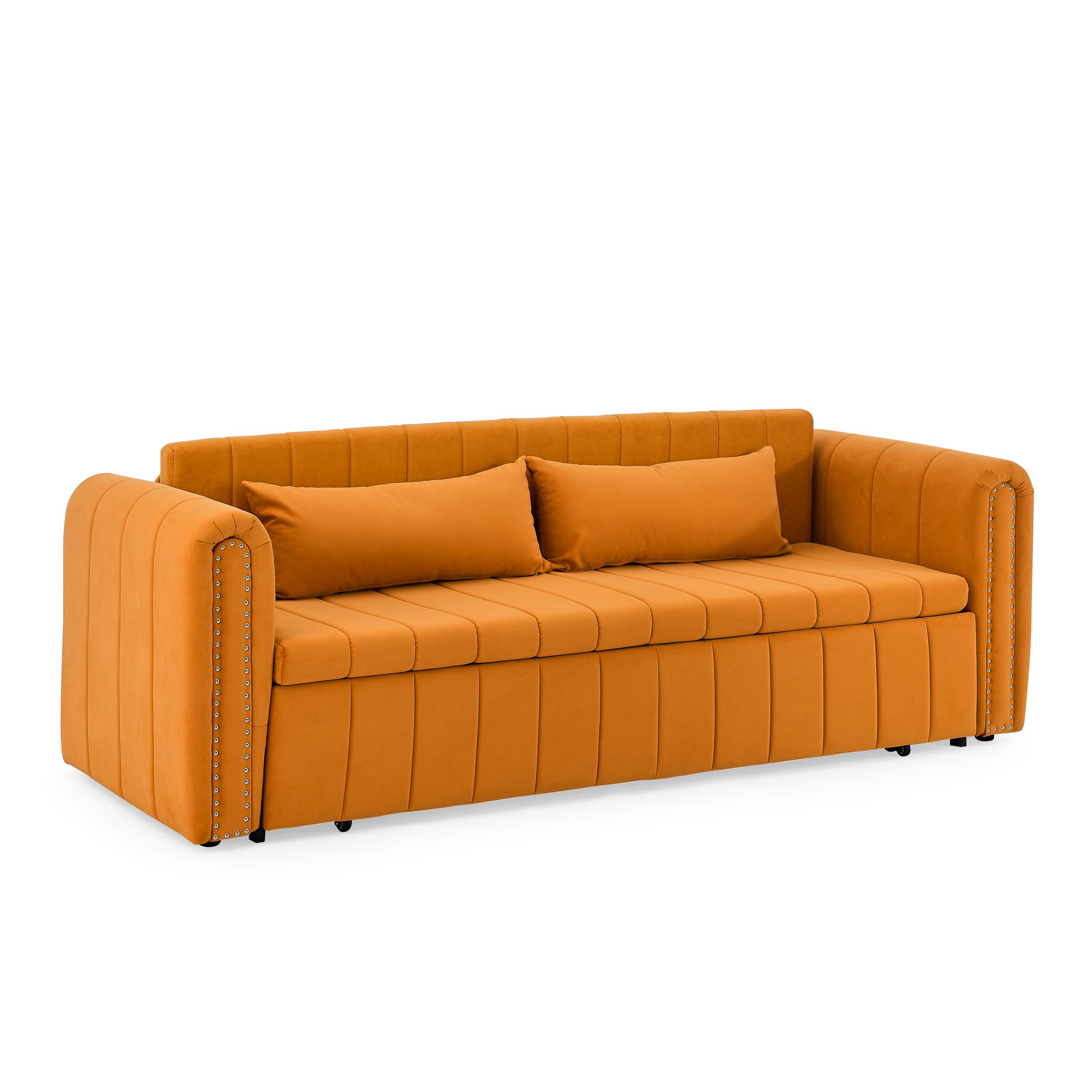 3 in 1 Pull-Out Bed Sleeper, Modern Upholstered 3 Seats Lounge Sofa & Couches with Rolled Arms Decorated with Copper Nails , Convertible Futon 3 Seats Sofabed with Two Drawers and Two Pillows