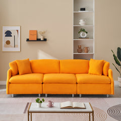 95.3" Orange Teddy Fleece Sofa With Two Throw Pillows - Spacious 3 Seat Sofa for Living Room