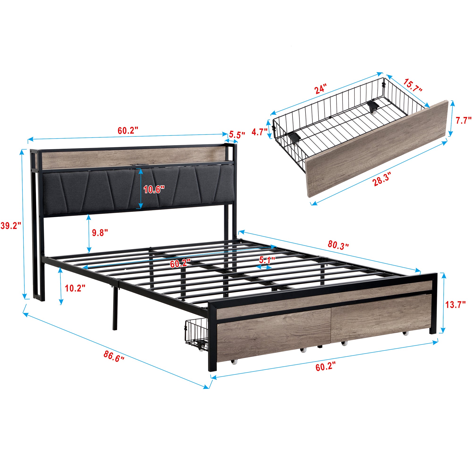 Queen Size  Metal Platform Bed Frame with upholstery storage function Headboard   and USB LINER  and Footboard with drawers , No Box Spring Needed, Large Under Bed Storage, Easy Assemble