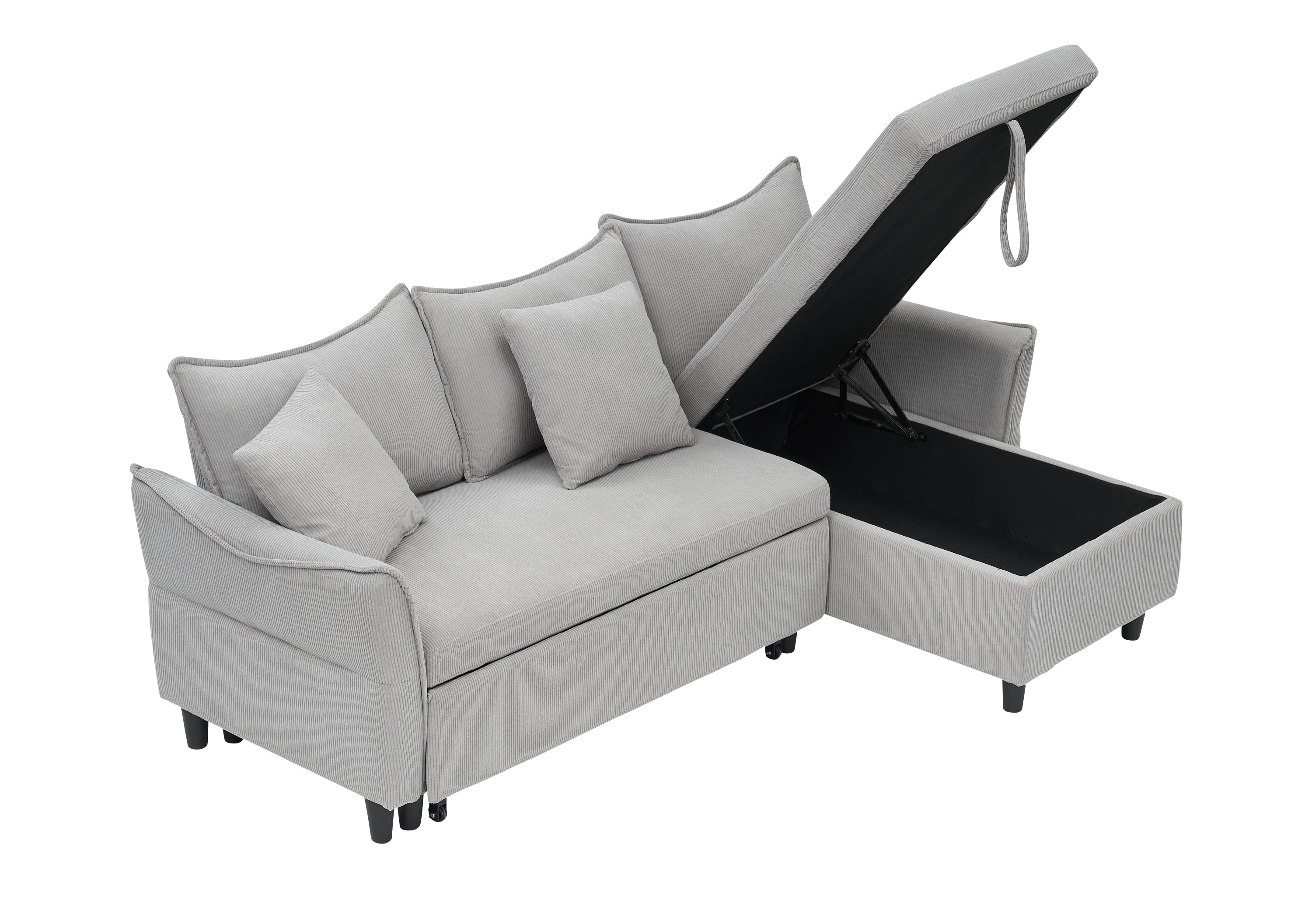 Modern 80" Gray Corduroy Sofa Bed With Two Small Pillows - 3-Seater Pull-Out Sofa With Storage