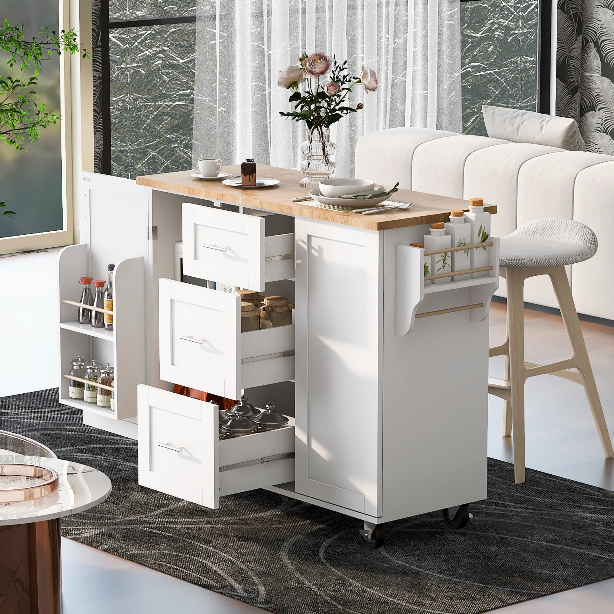 K&K Rolling Kitchen Island with Storage, 3 Drawer, 2 Slide-Out Shelf and Internal Storage Rack, White