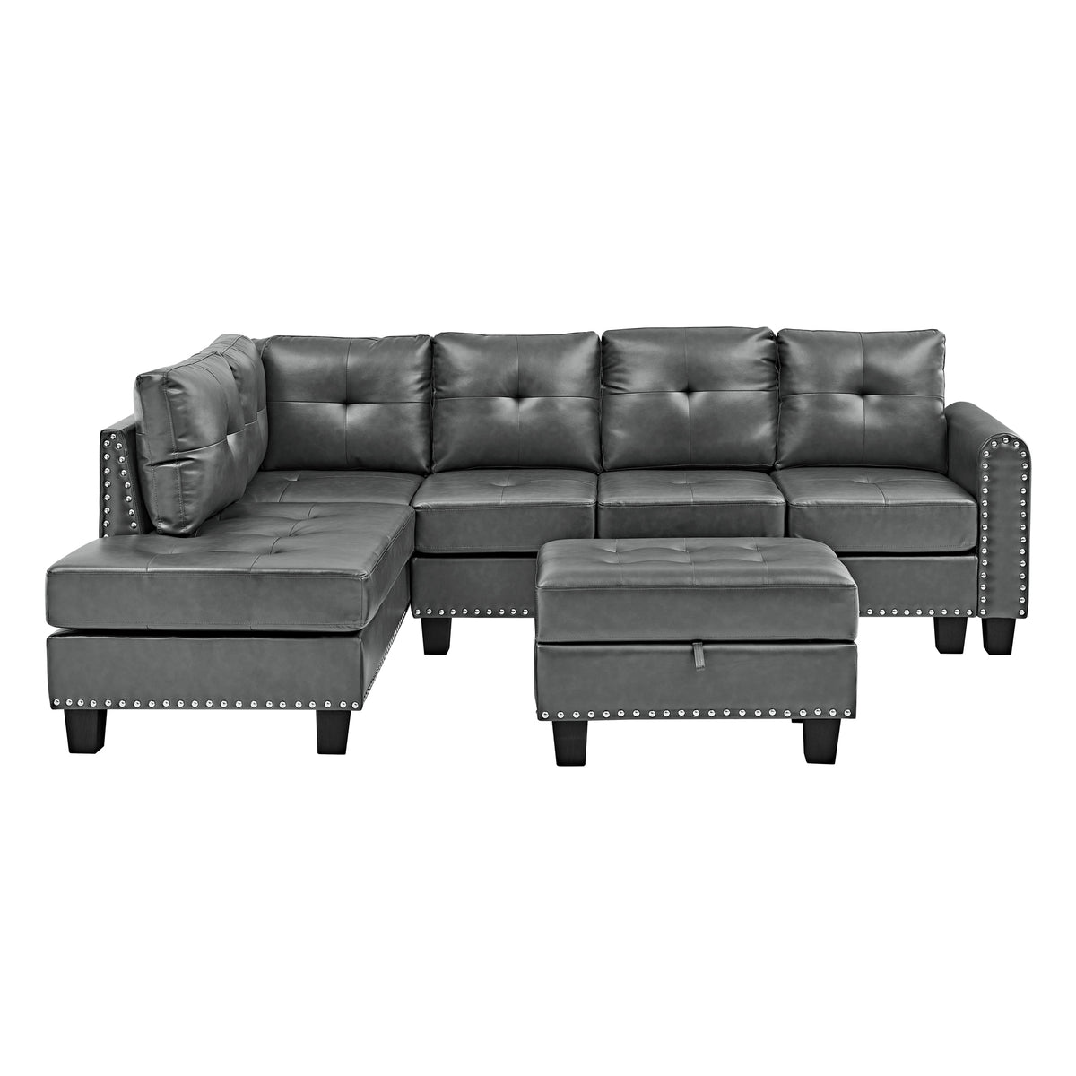 Sectional 3-Seaters Sofa , reversible recliner, Storage pad and wood grain cup holder, Non-slip leg, pu, grey