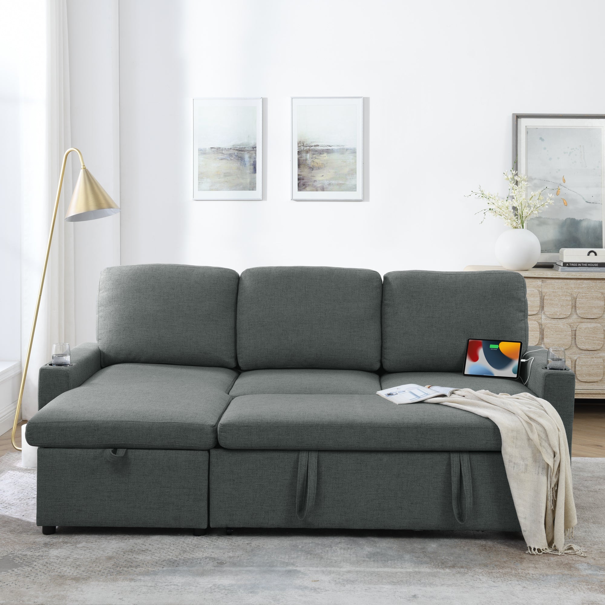 Linen Upholstered Sleeper Sectional Sofa, Shaped Modular Convertible Sofa with Storage Chaise,Side armrests with cup holders,Pull Out Sleep Couch Bed ,Grey