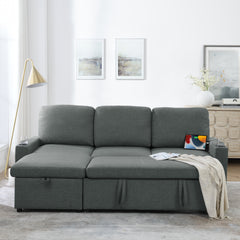 Linen Upholstered Sleeper Sectional Sofa, Shaped Modular Convertible Sofa with Storage Chaise,Side armrests with cup holders,Pull Out Sleep Couch Bed ,Grey