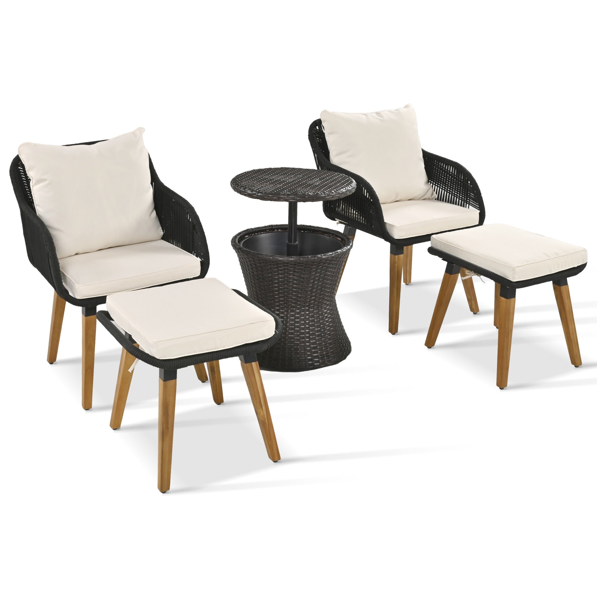 K&K 5-Piece Garden Patio Furniture Chair Set with Wicker Cool Bar Table and Ottomans for Porch, Backyard, Balcony, Poolside Black & Beige