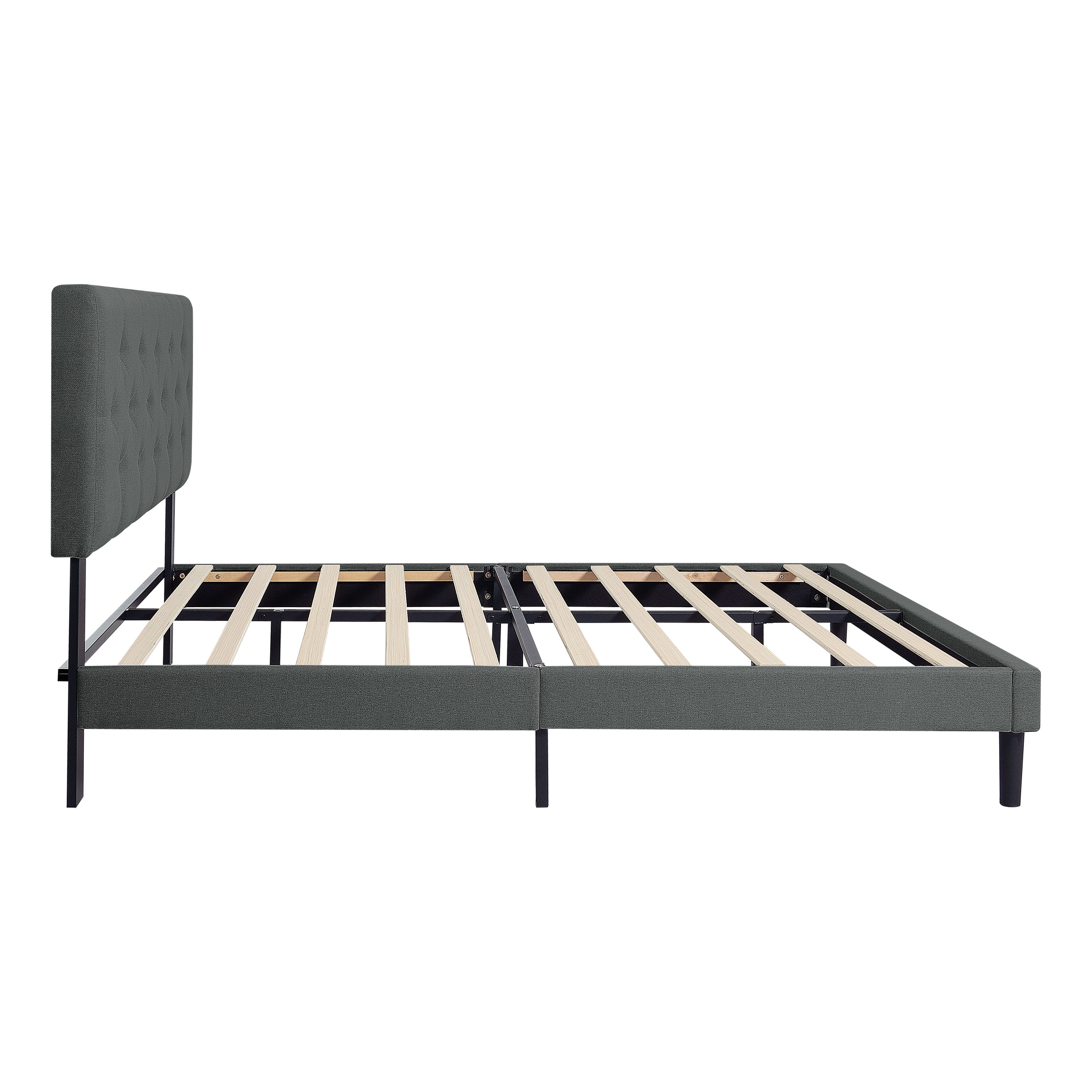 Queen Size Upholstered Platform Bed Frame with Modern Button Tufted Linen Fabric Headboard, No Box Spring Needed, Wood Slat Support, Easy Assembly, Dark Grey