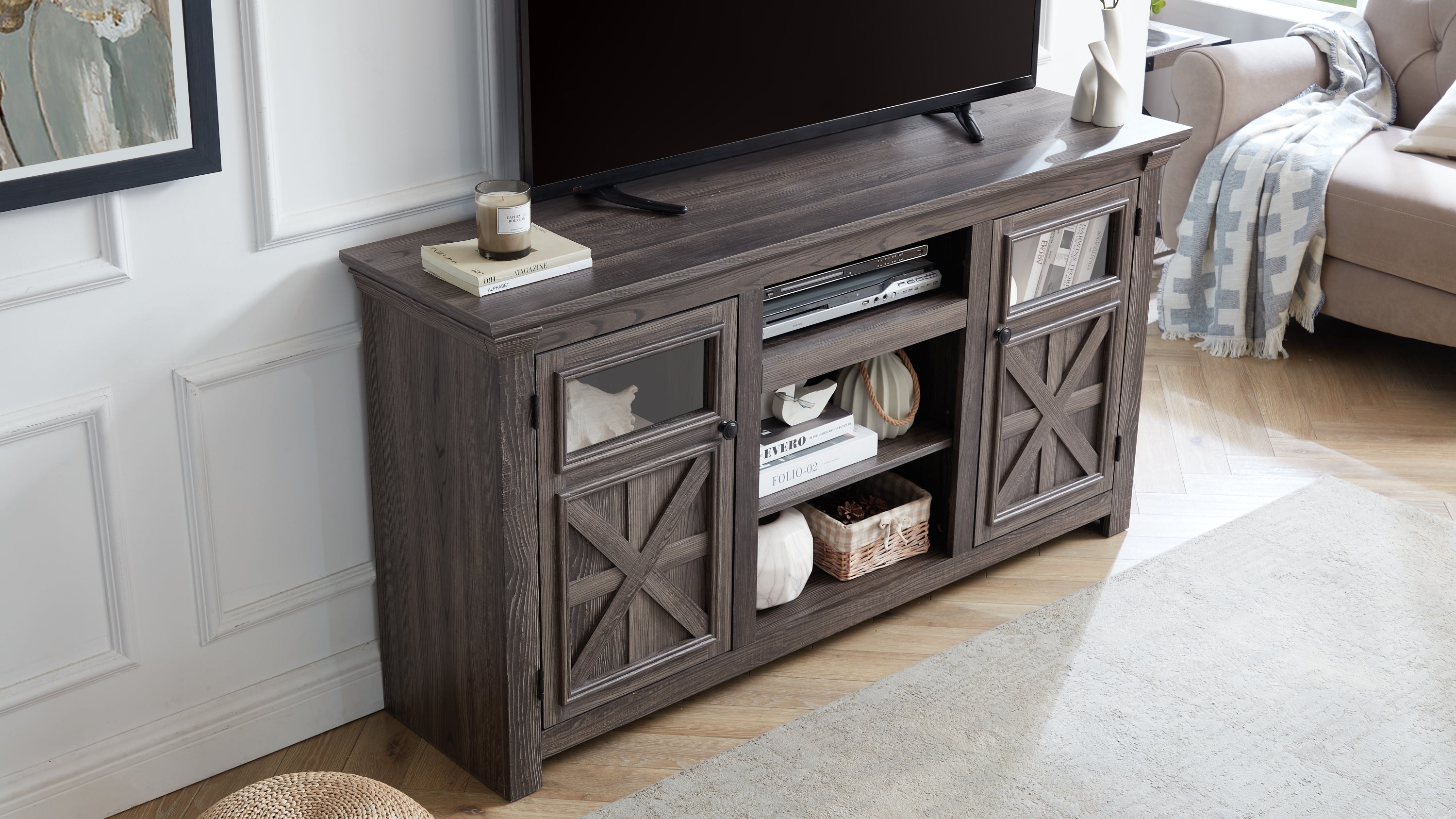 2 Door Farmhouse  TV Stand Barn Design with Large Barn Inspired Home Entertainment Console