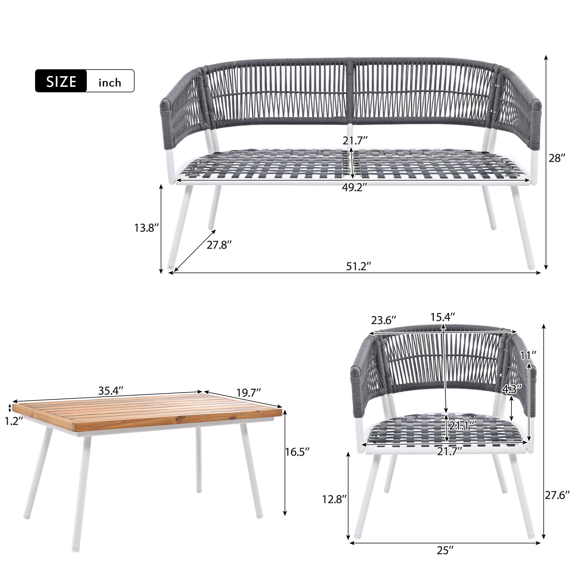 K&K 4-Piece Boho Rope Patio Furniture Set, Outdoor Furniture with Acacia Wood Table, Patio Conversation Set with Deep Seating & Thick Cushion for Backyard Porch Balcony, Navy Blue