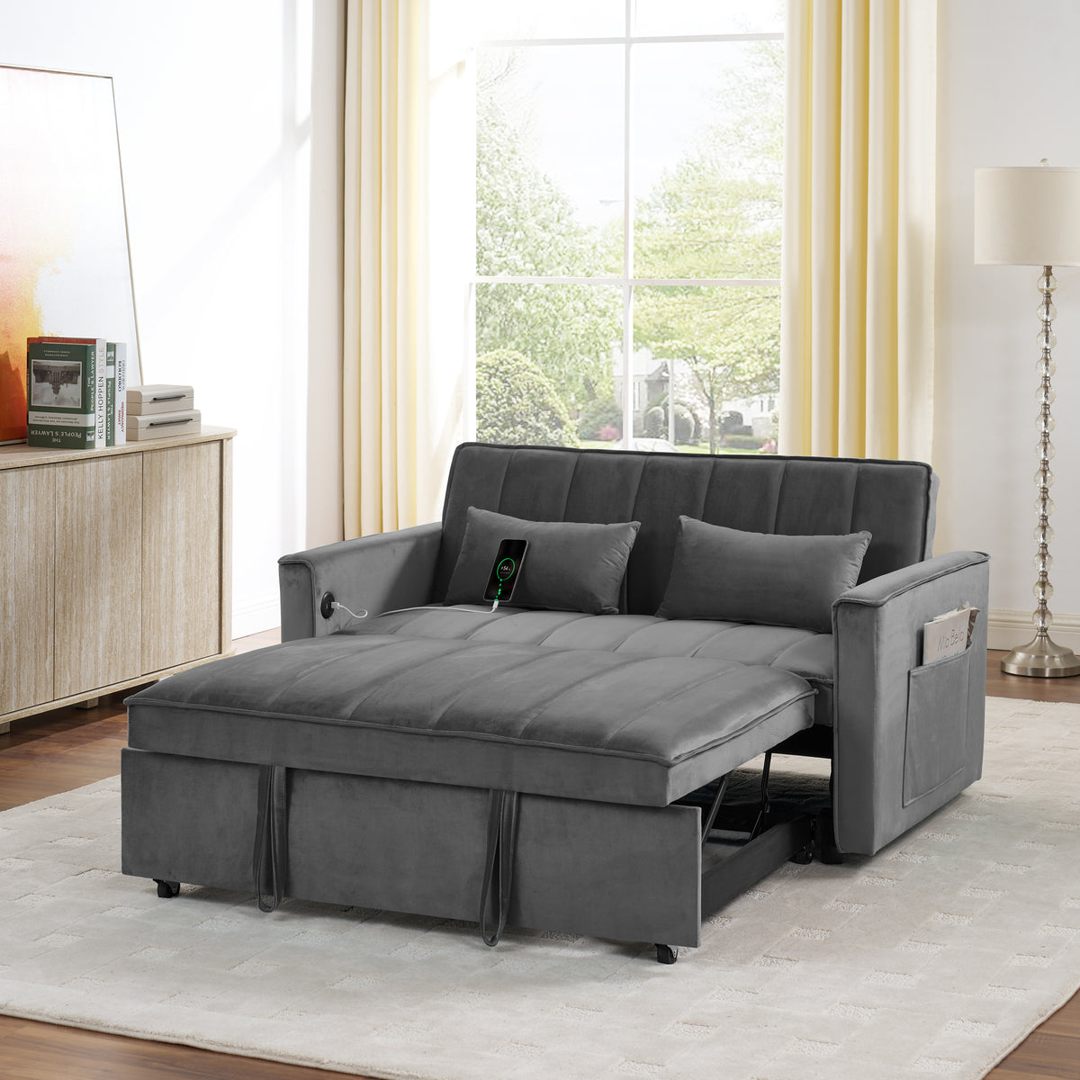 54.33" Modern Foldable Velvet Sofa Bed, Adjustable Back, Pull-Out Design, 3 Length Options, GRAY