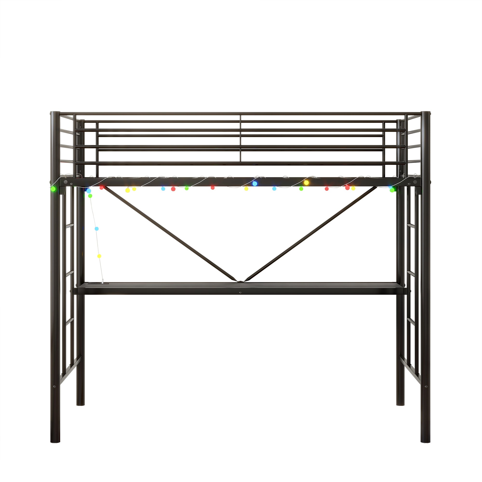 Twin Metal Loft Bed with Desk, Power Outlet & LED Light - Black