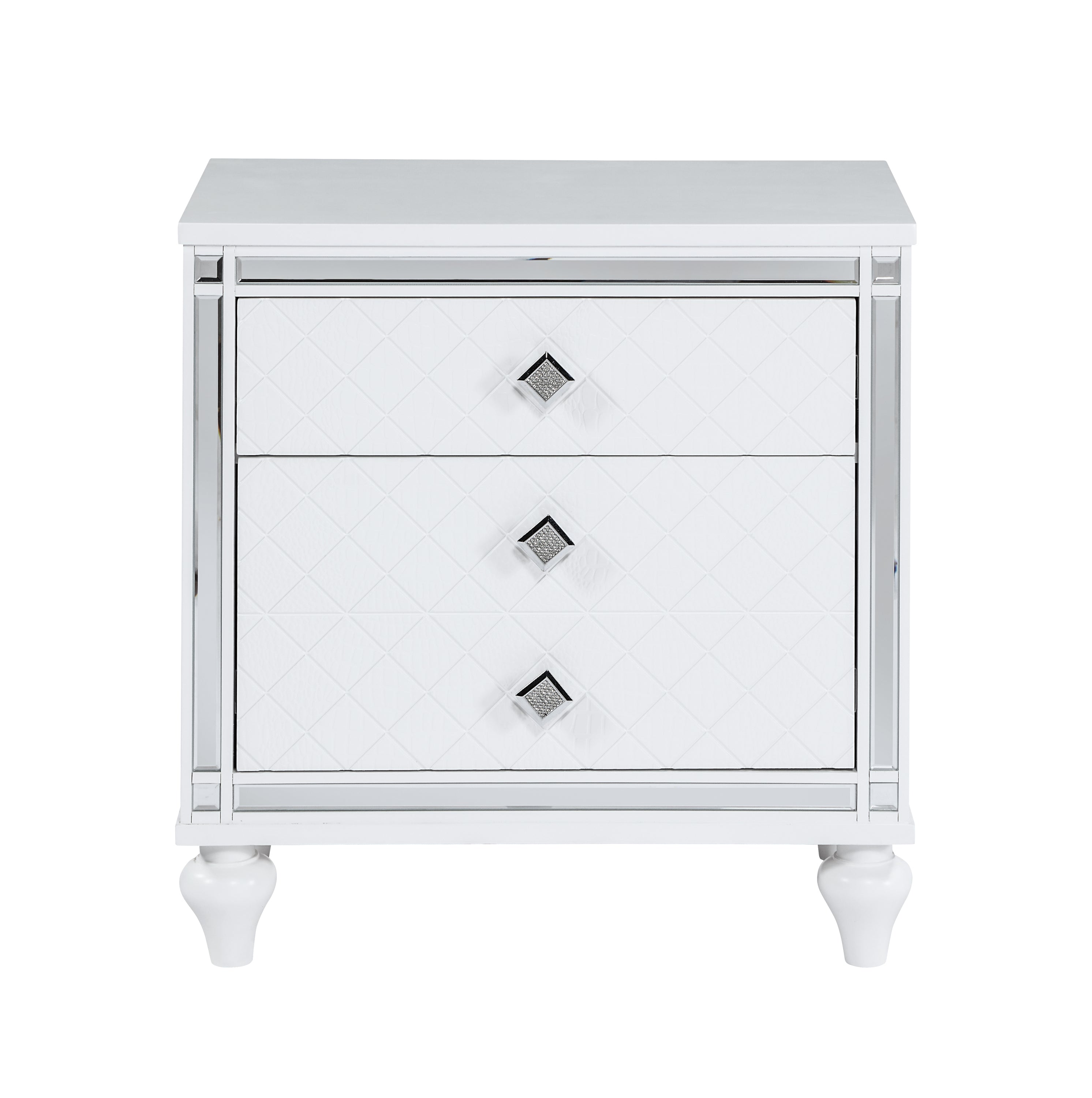 Contemporary Nightstands with mirror frame accents, Bedside Table with two drawers and one hidden drawer, End Table with Crystal Pull for Living Room,Bedroom, White