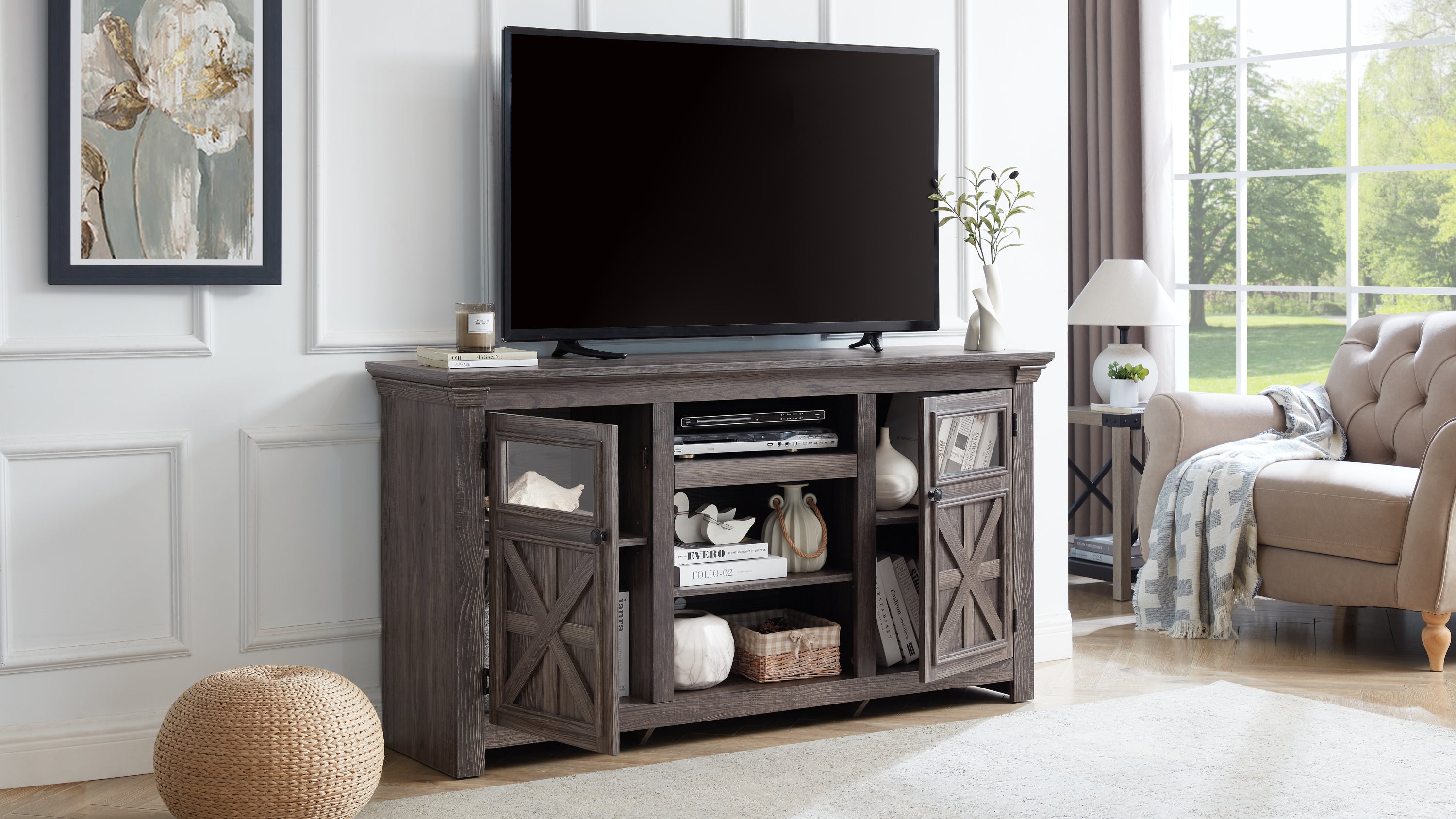 2 Door Farmhouse  TV Stand Barn Design with Large Barn Inspired Home Entertainment Console