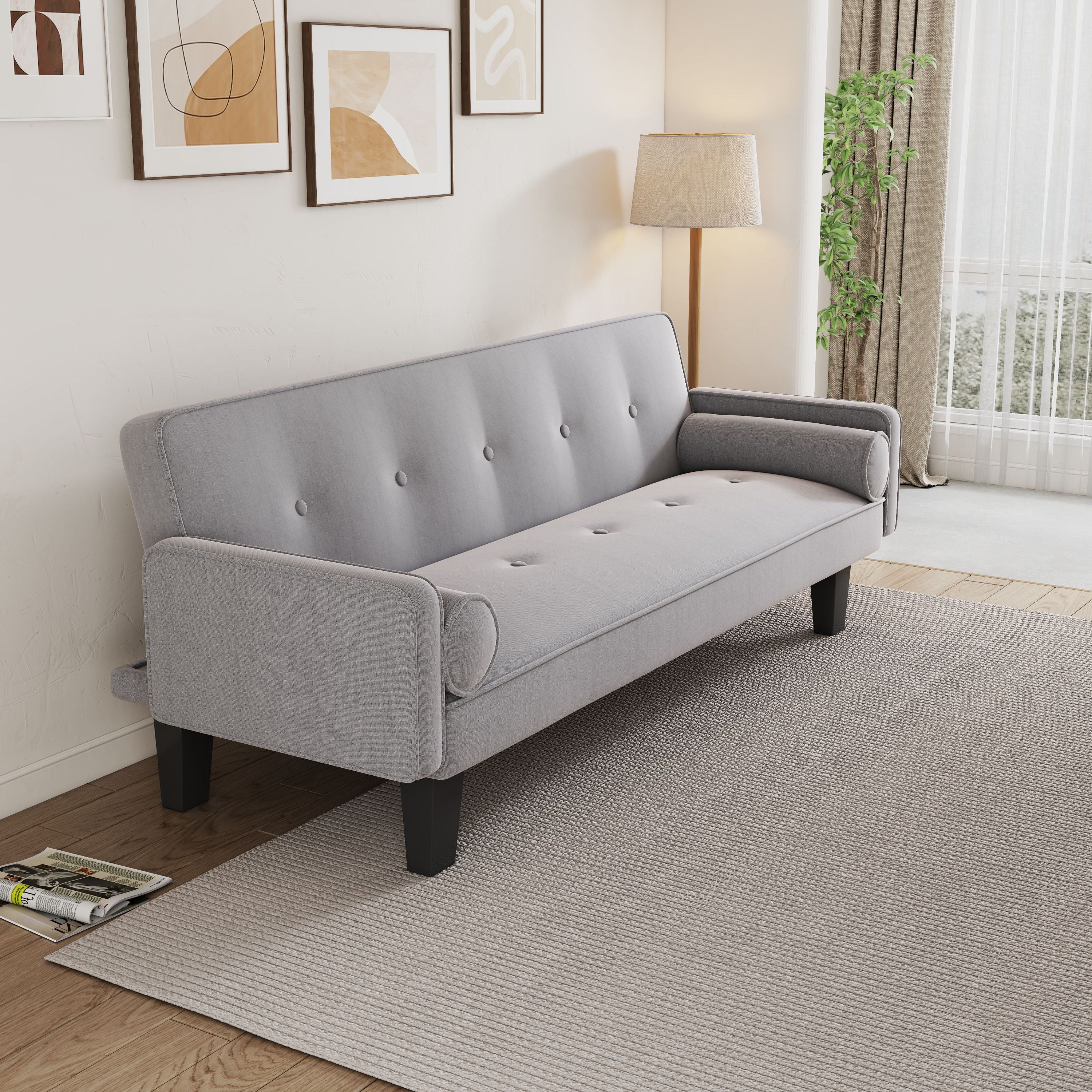 72" Gray Cotton Linen Sofa Bed with Two Pillows Suitable for Family Living Room