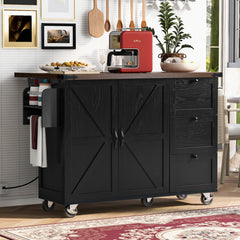 K&K 54.5" Kitchen Storage Island  with Internal Storage Rack, Drop Leaf, Spice Rack, Rolling Kitchen Cart on Wheels, Black