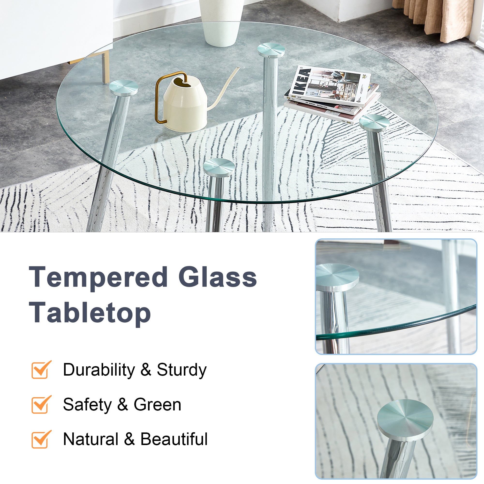 Modern Round Glass Top Dining Table with Silver Metal Legs - Perfect for Your Home