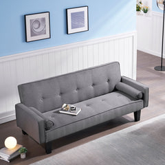 72" Dark Gray Cotton Linen Sofa Bed with Two Pillows Suitable for Living Room