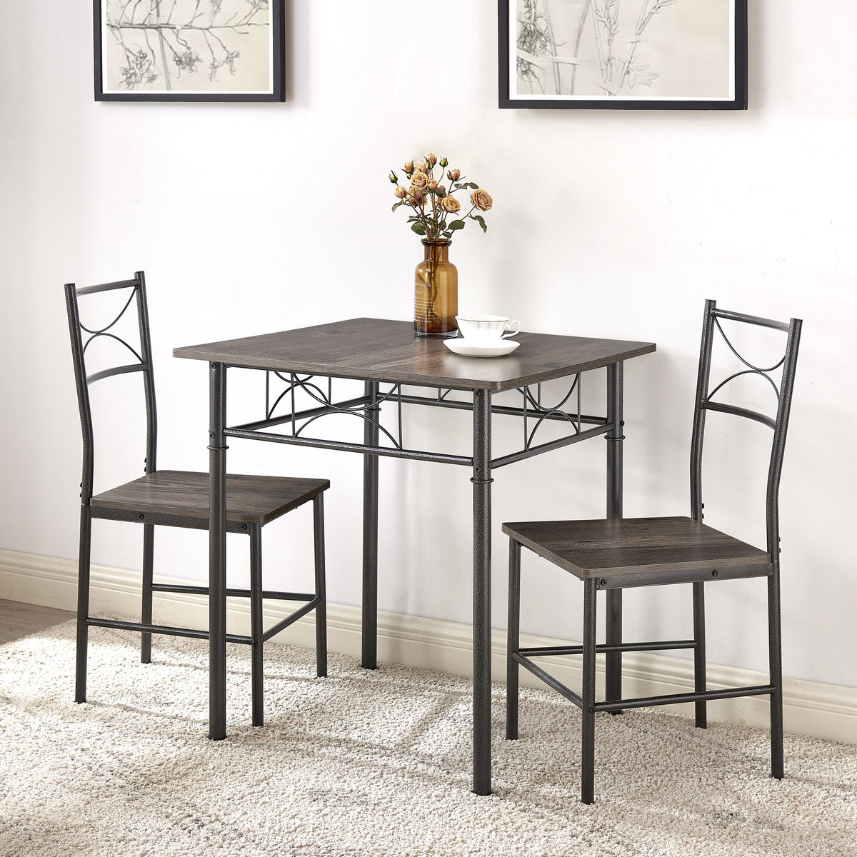 3-Piece Kitchen Dining Set with Grey Chairs & Table
