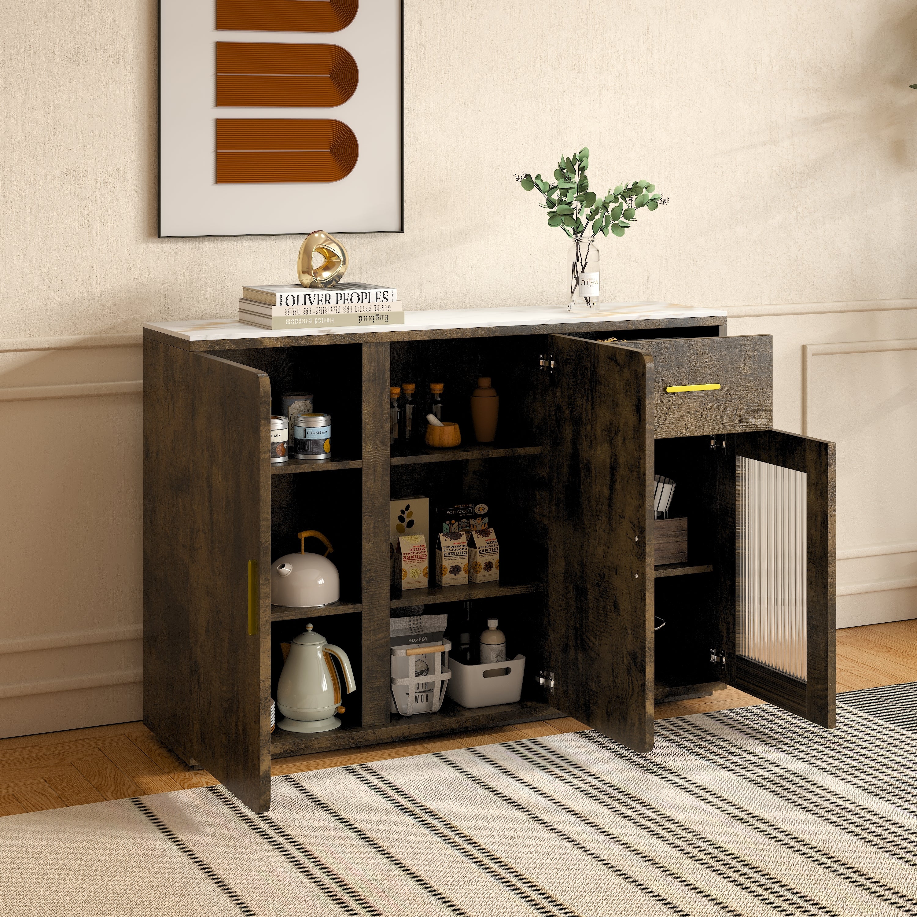 47.2" Black Brown Buffet with Storage Doors & Drawer - Functional Sideboard Design for Kitchen