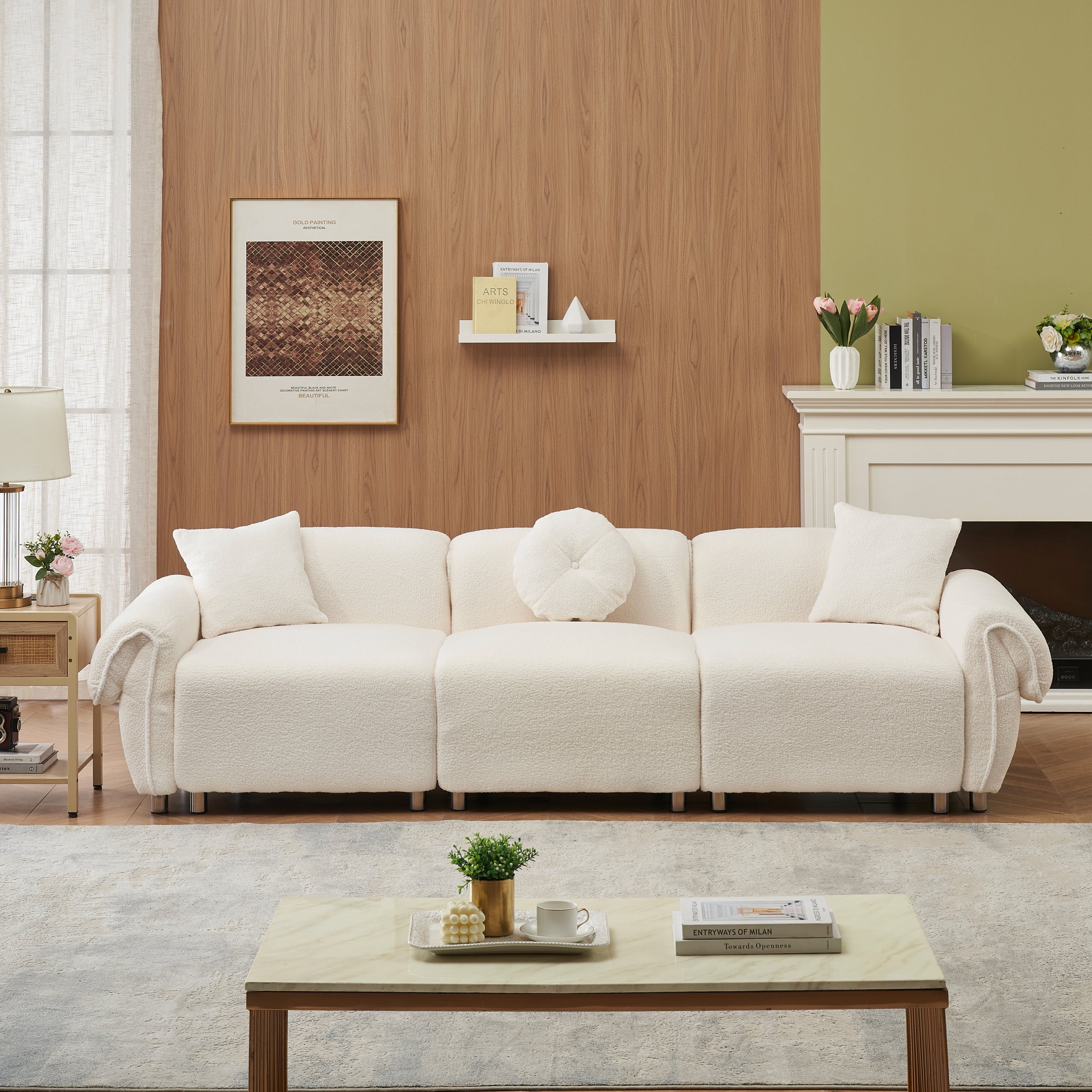 112 inch beige teddy velvet fabric, with 3 pillows, three sofa can be placed in the living room and other scenes Beige teddy velvet fabric, with 3 pillows, three sofa can be placed in the living room