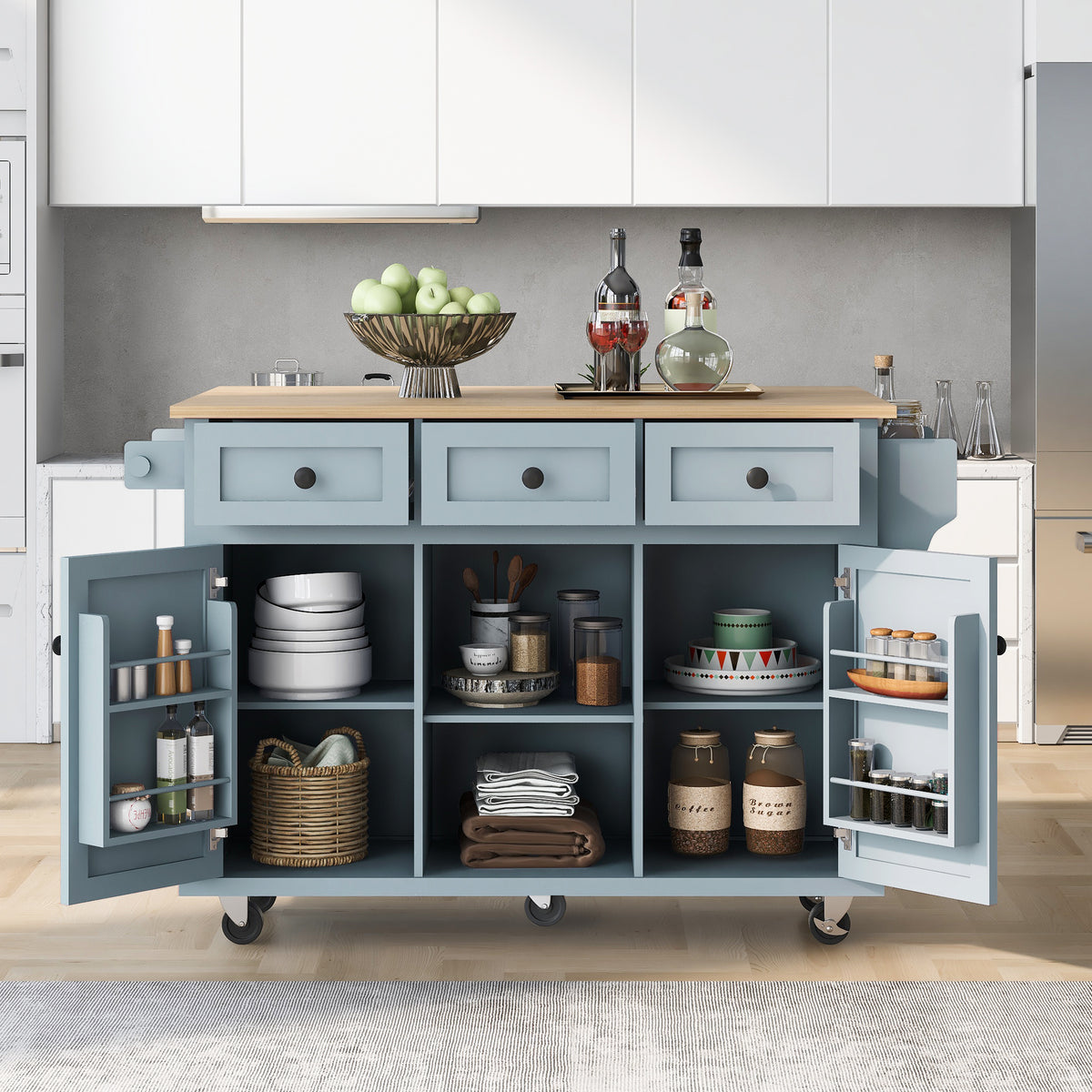 Kitchen Cart with Rubber wood Drop-Leaf Countertop on 5 Wheels with Storage Cabinet and 3 Drawers for Dinning Room, Grey Blue