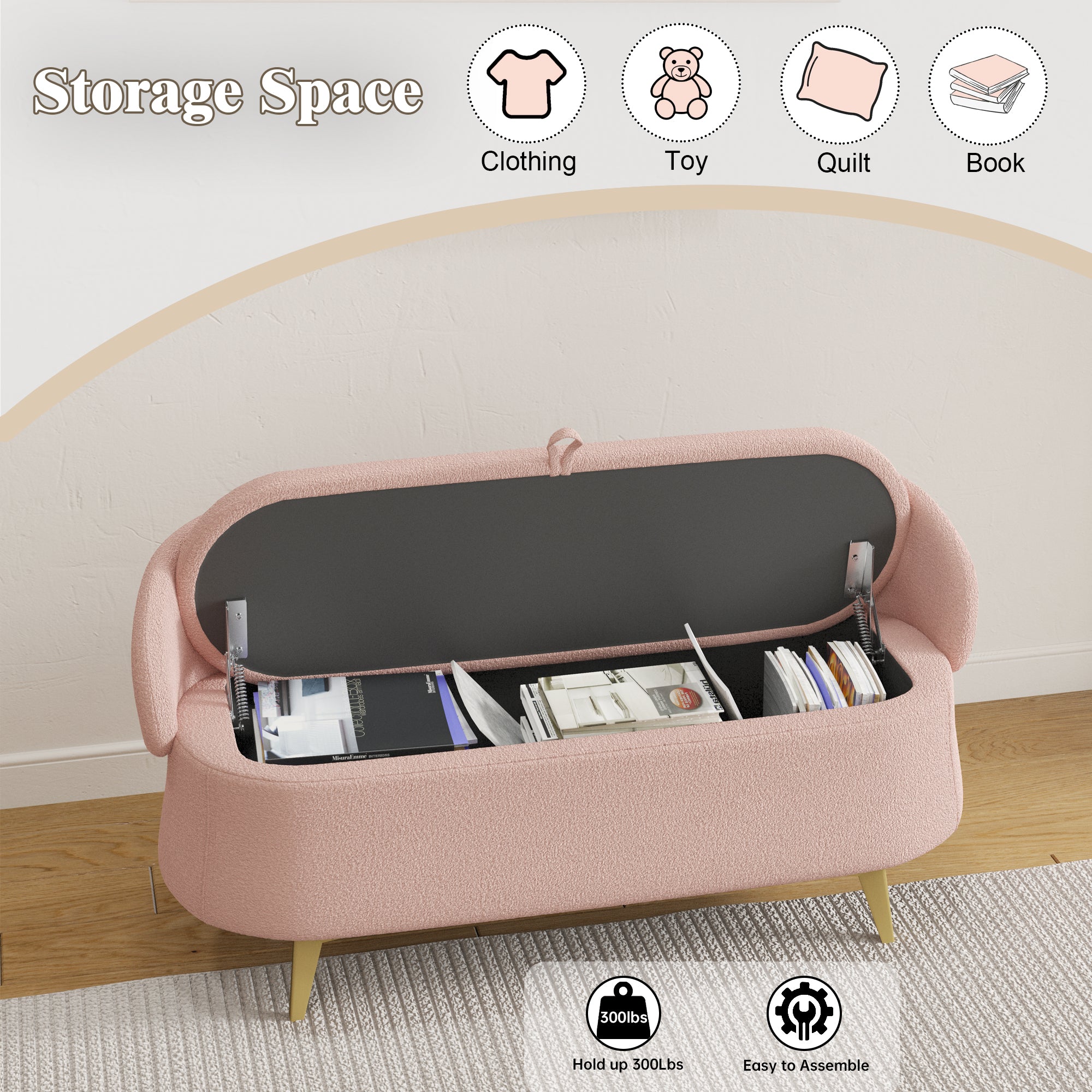 Multi-Functional 50" Pink Sofa with Storage in Teddy Fleece - Multi-Functional Design for Living Room