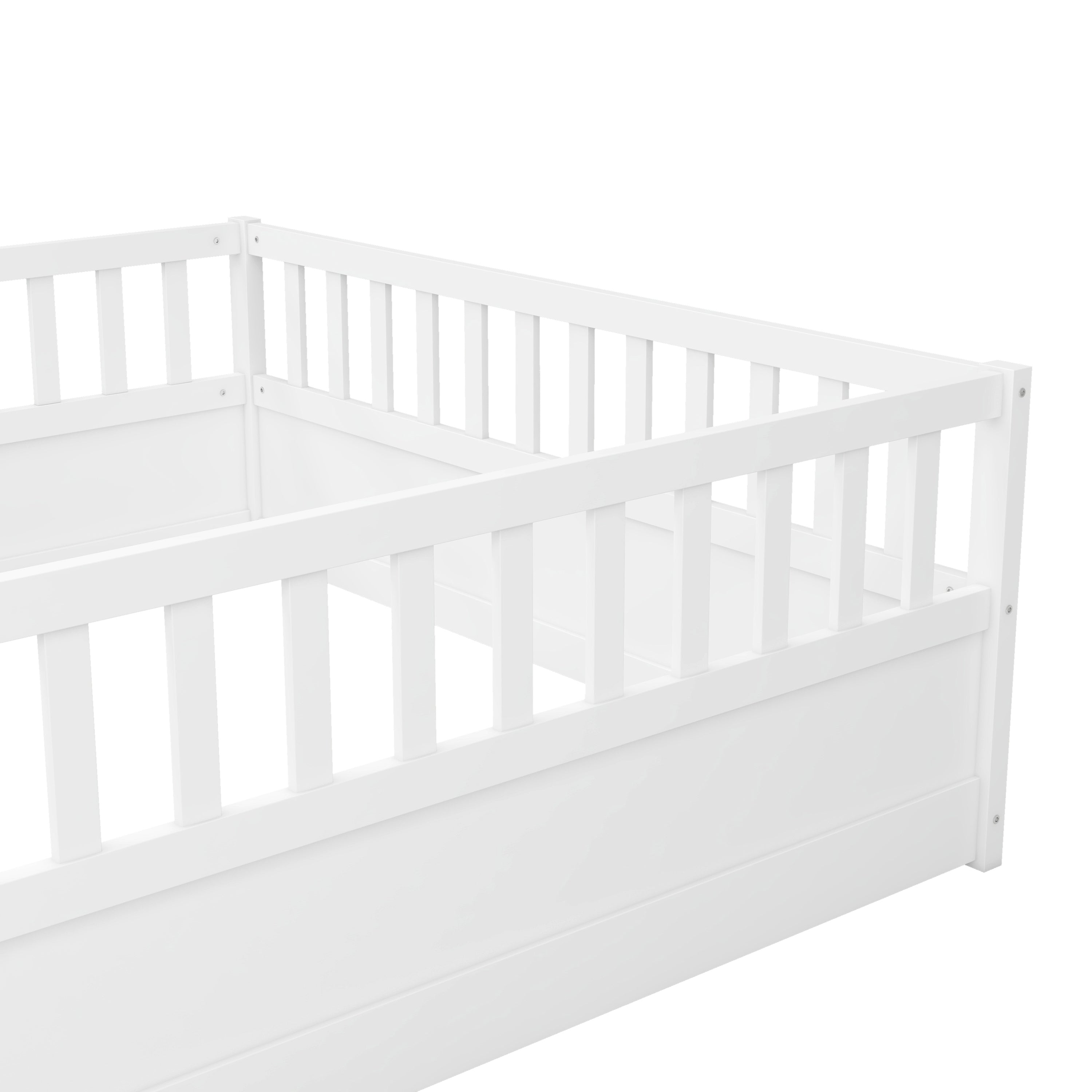 Full size  Floor bed, integral construction with super high security barrier, door, children's floor bed frame, Montessori wooden children's floor bed, white