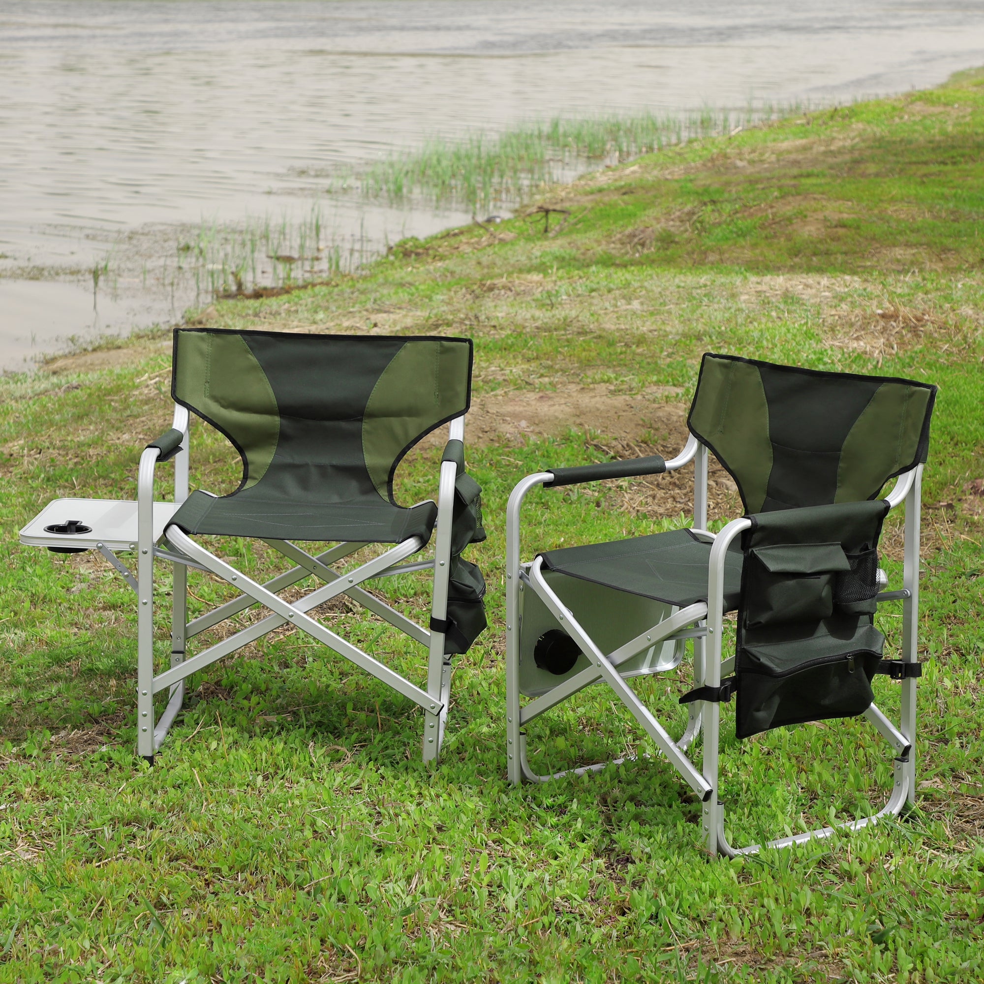 3-Piece Folding Table Chairs Set for Camping, Patio, Backyard & BBQ - Black/Green