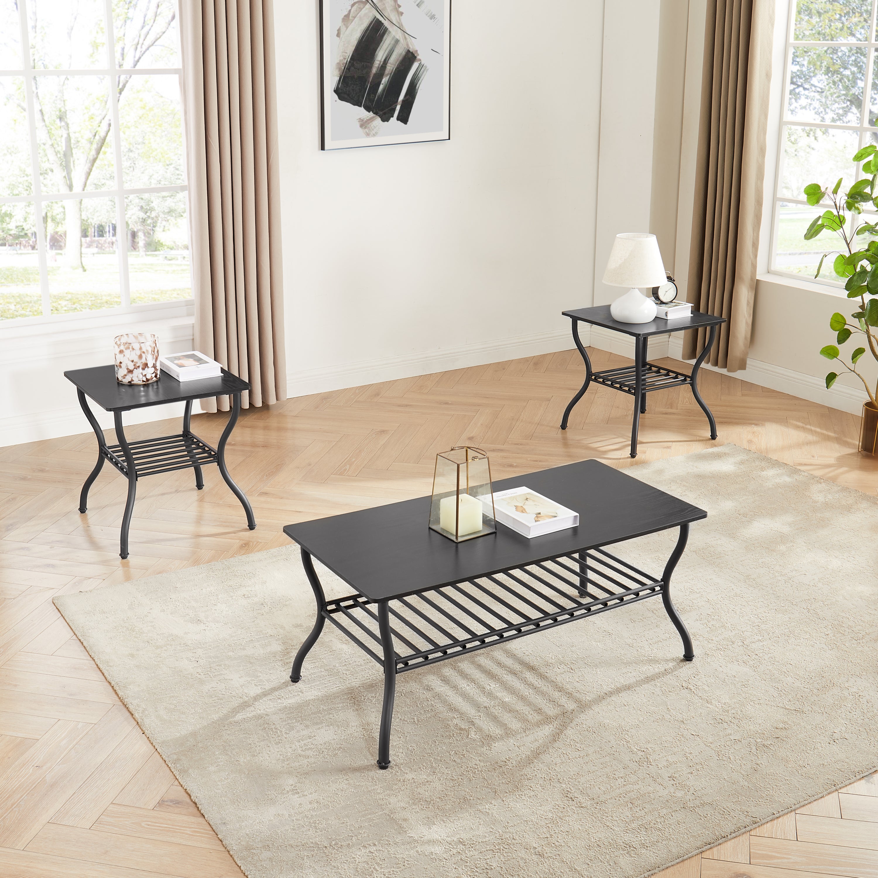 Modern 3-Piece Coffee Table Set, Black Retro Design for Living Room