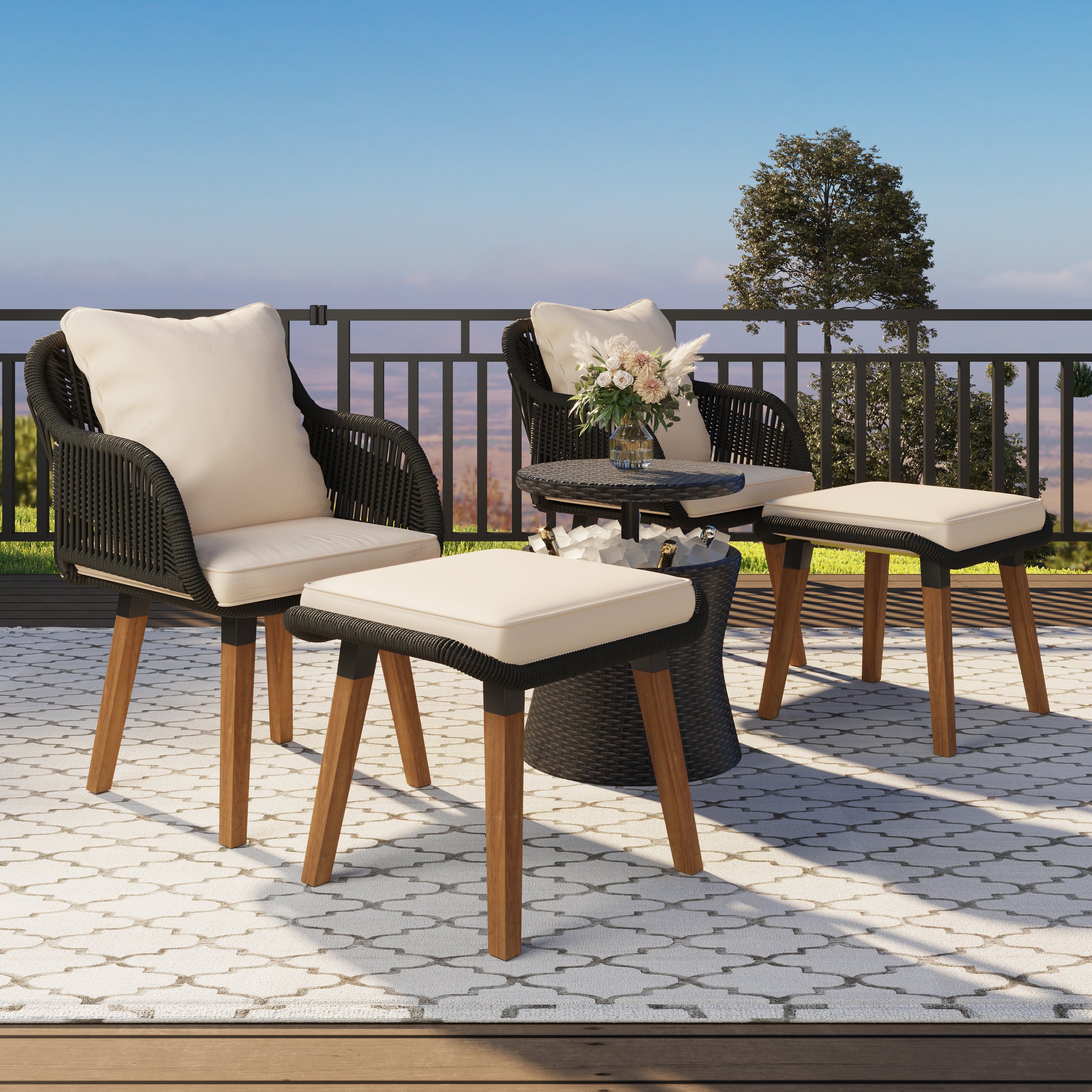 K&K 5-Piece Garden Patio Furniture Chair Set with Wicker Cool Bar Table and Ottomans for Porch, Backyard, Balcony, Poolside Black & Beige